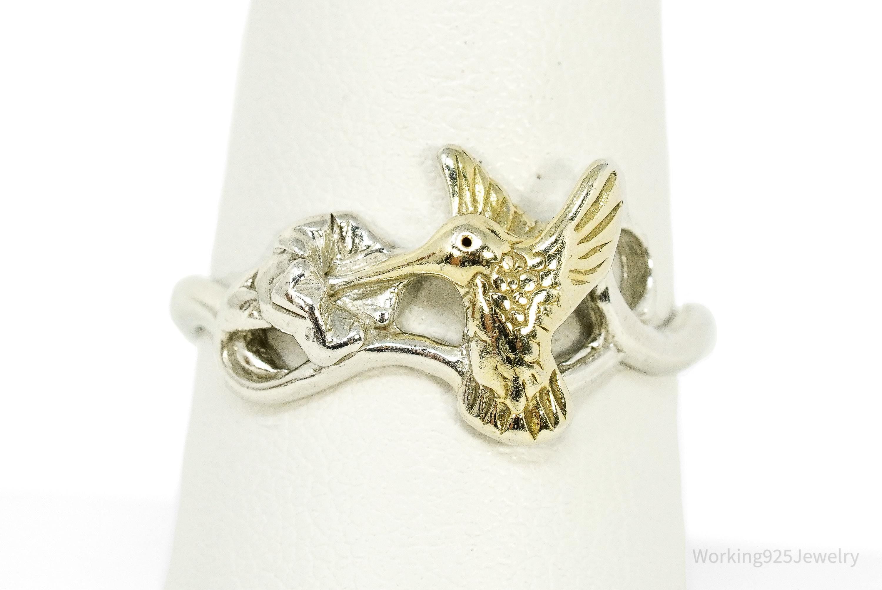 Vintage Gold Vermeil Sterling Silver Humming Bird & Flower Ring - Size 8.75