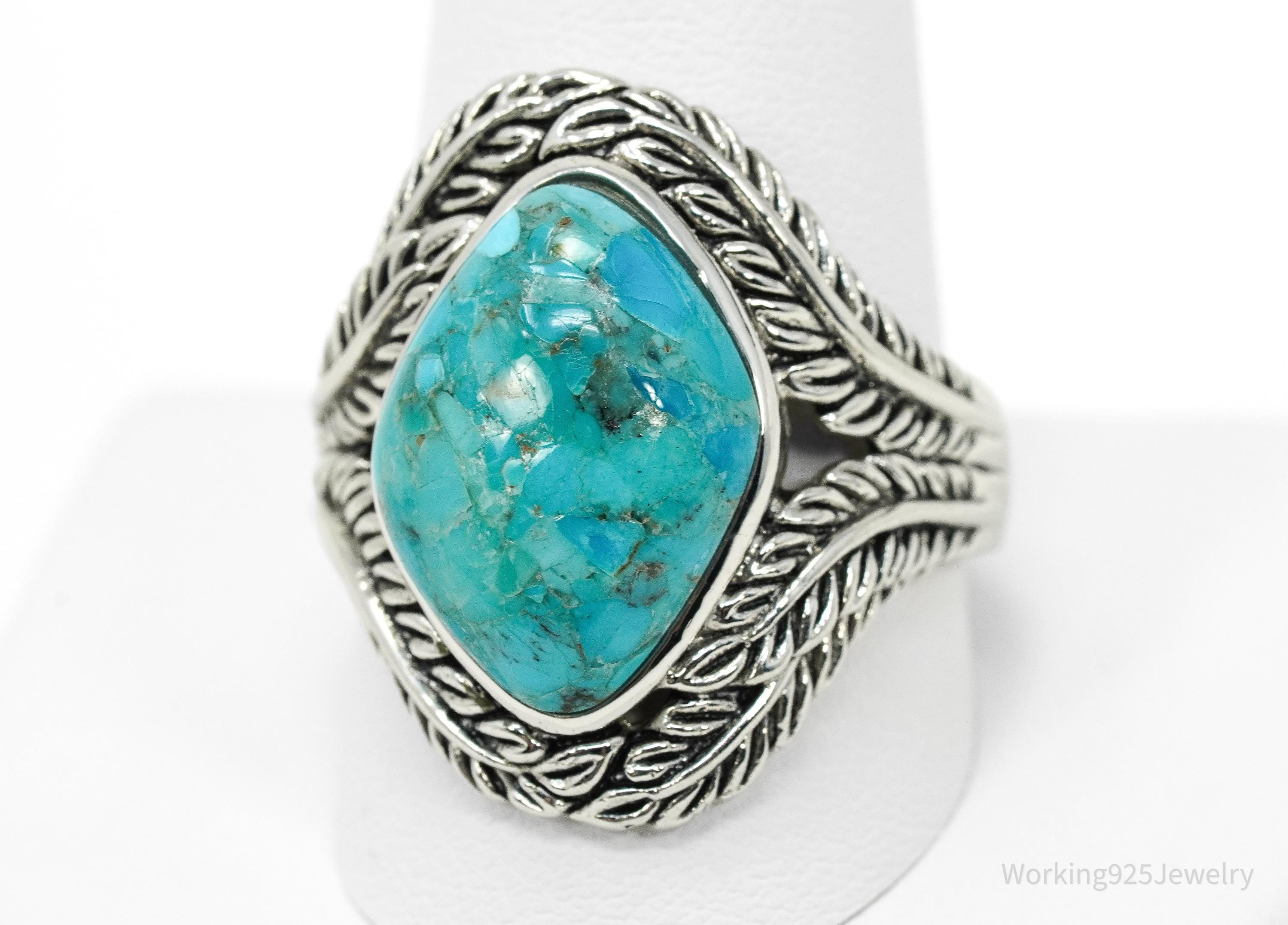 Designer BBJ Turquoise Wrapped Feathers Leaves Design Sterling Silver Ring - Size 12