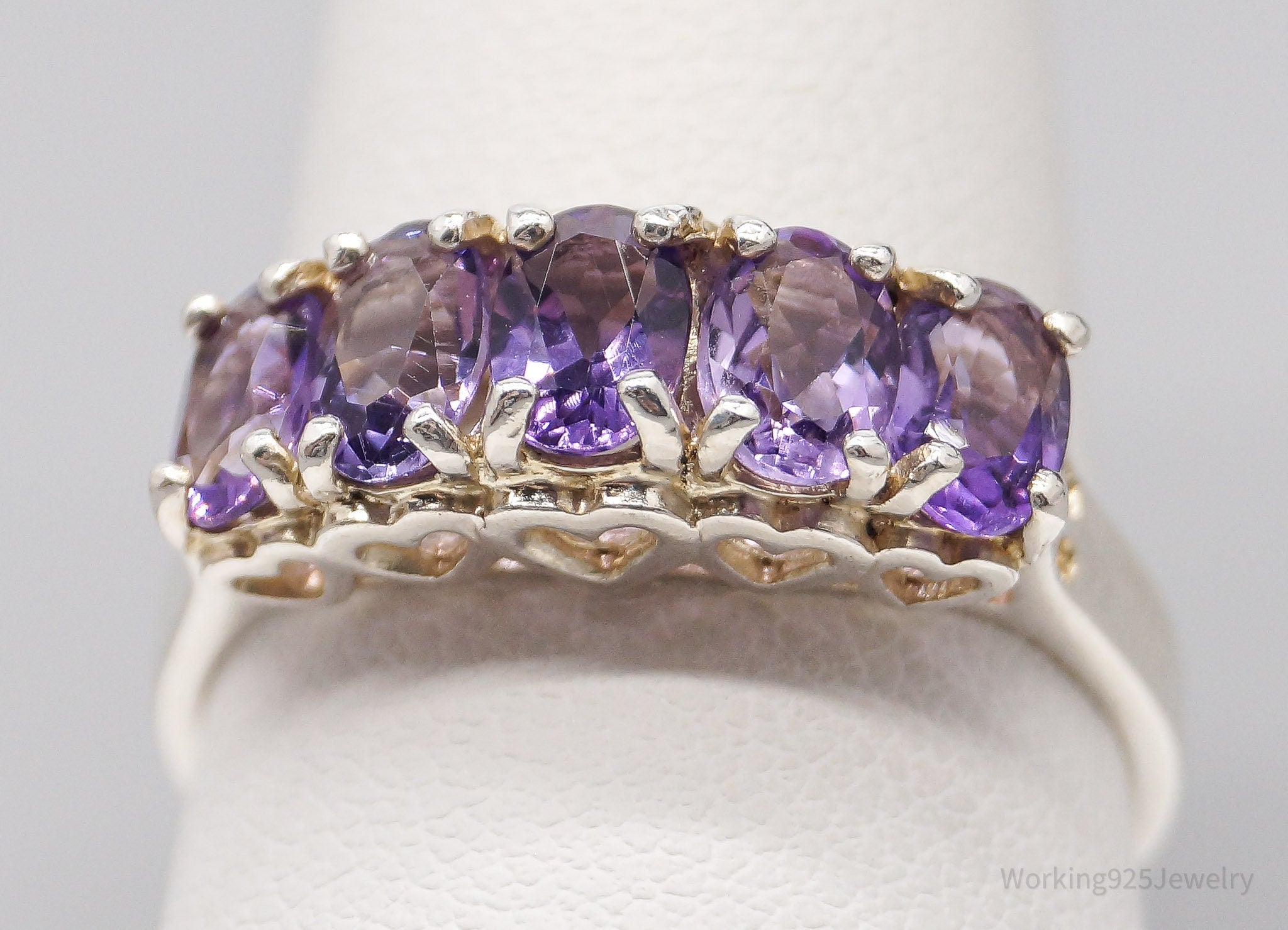 Vintage CNA Amethyst Hearts Designs Sterling Silver Ring - Size 10