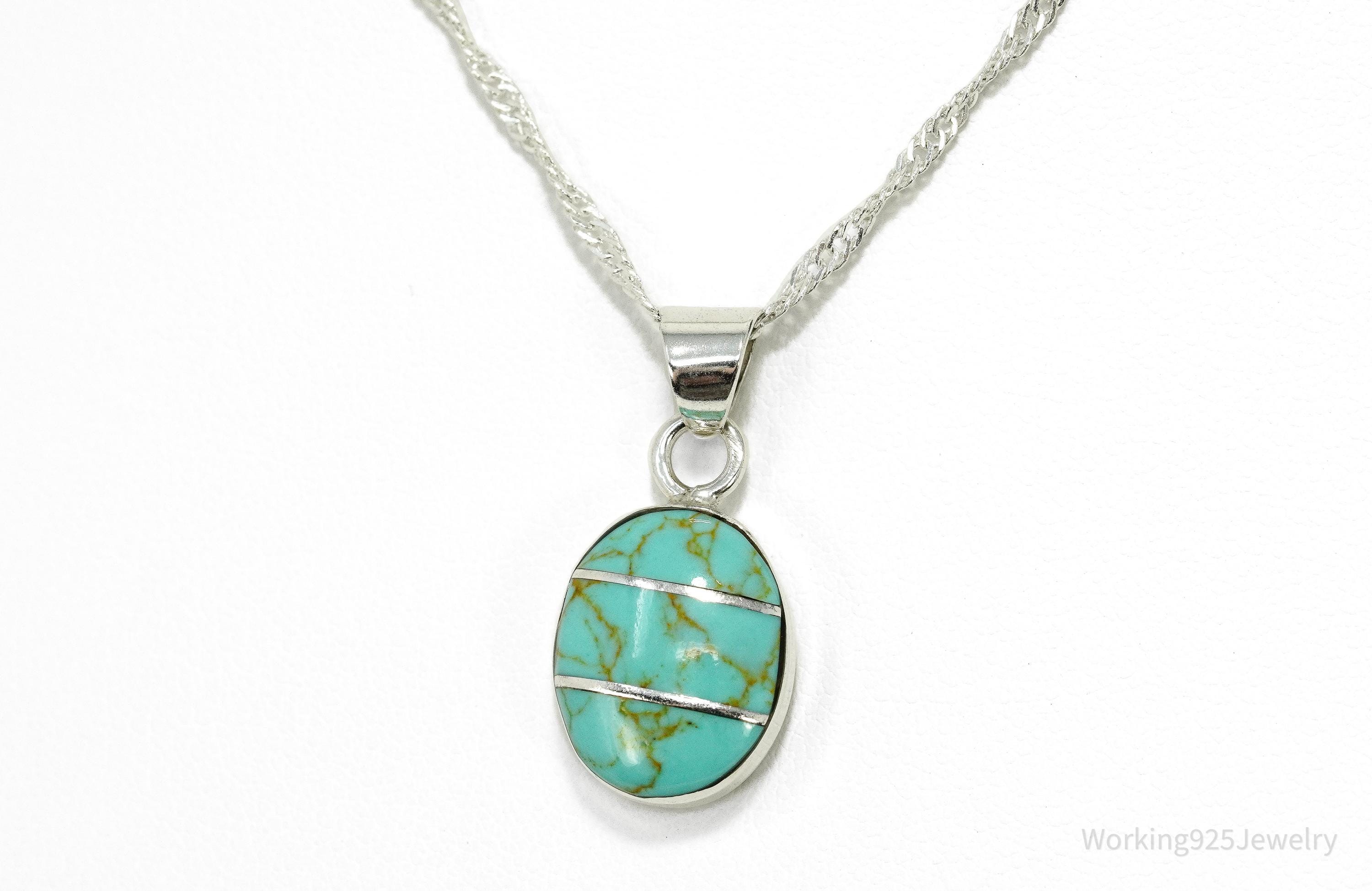 Vintage Blue Turquoise Inlay Sterling Silver Necklace 18"