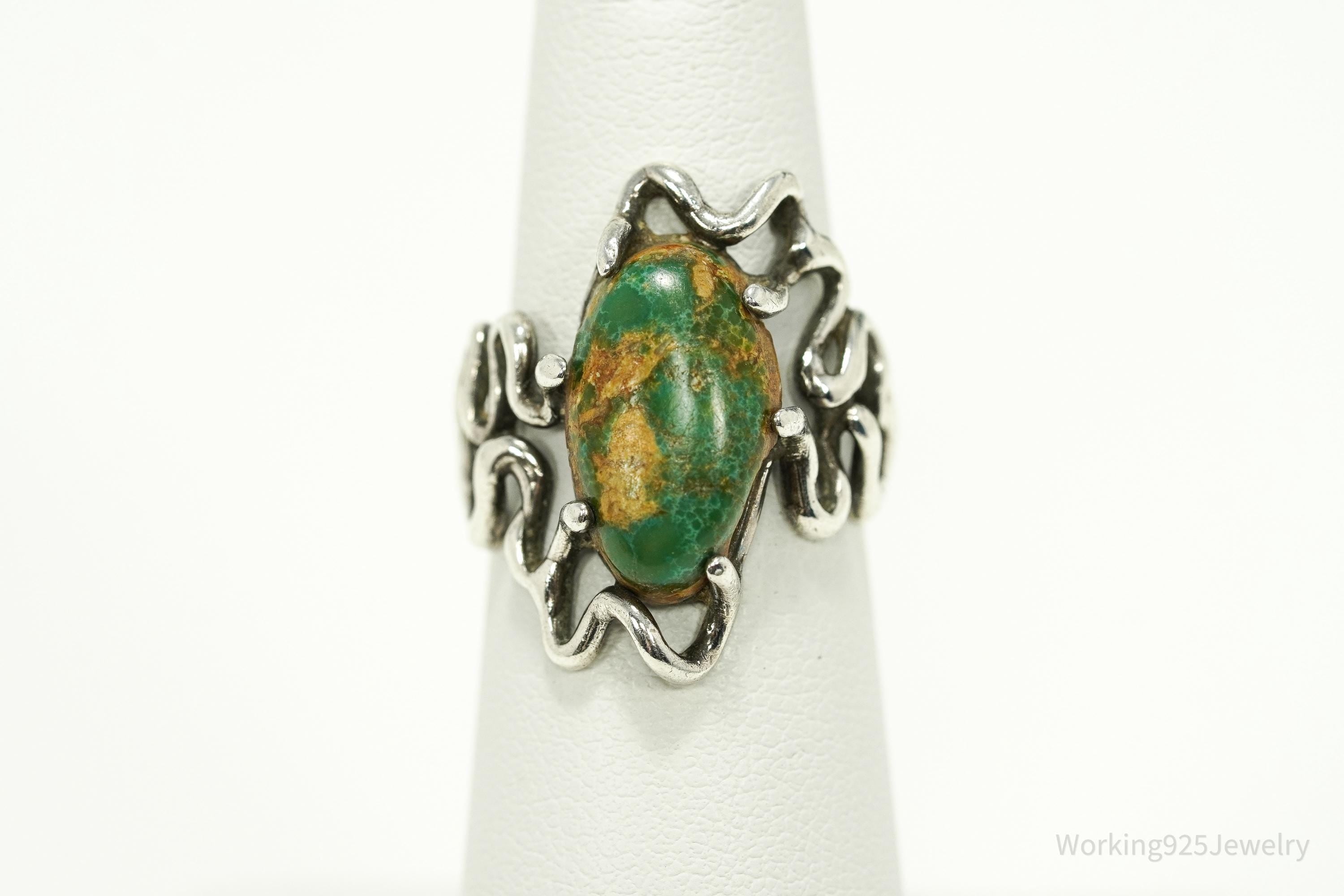 Vintage Turquoise Modernist Style Silver Ring - Size 5.75