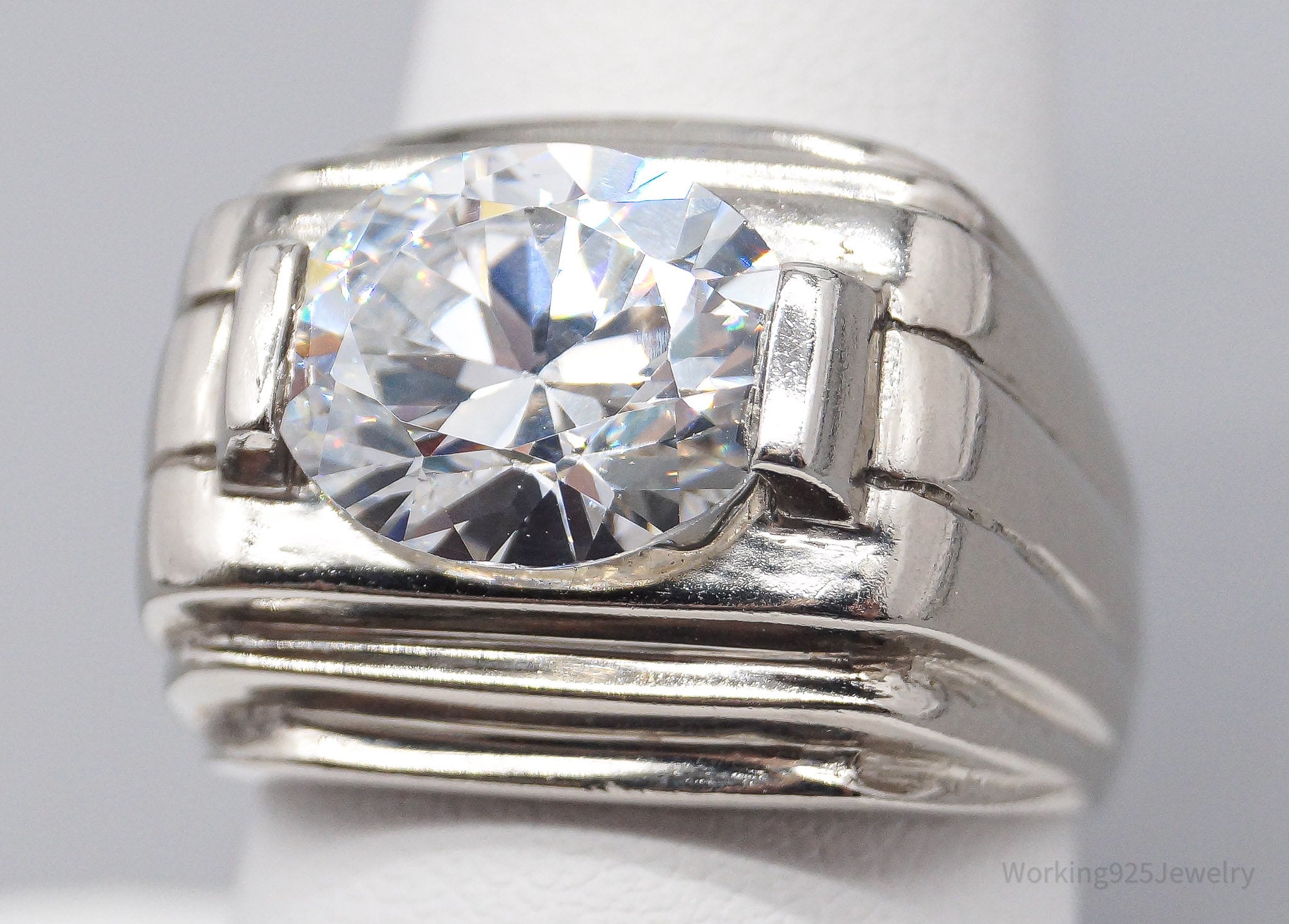 Vintage Large Cubic Zirconia Sterling Silver Ring - Size 8.75