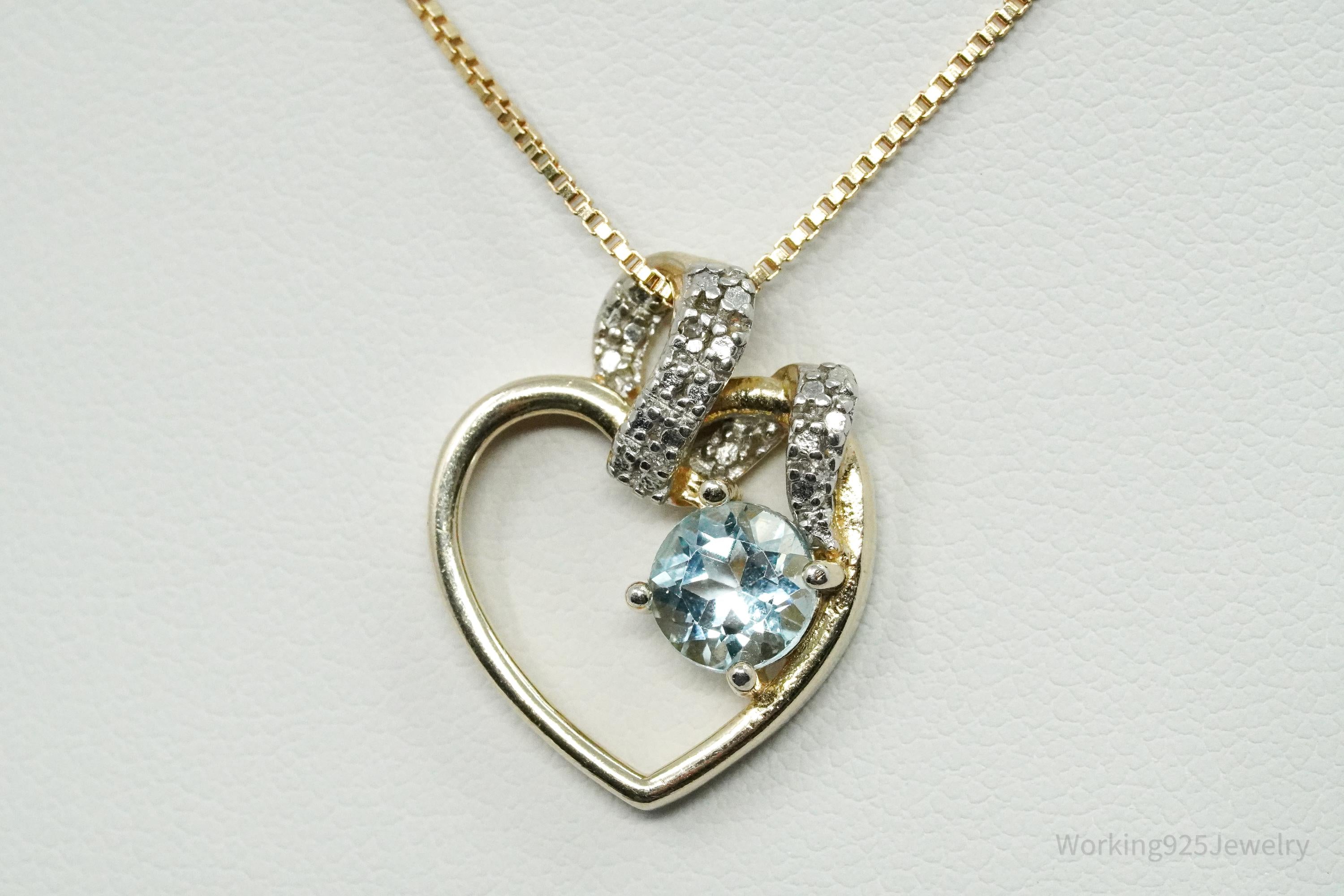 Vintage Ross Simons Blue Topaz & Diamond Gold Over Sterling Silver Necklace 18"