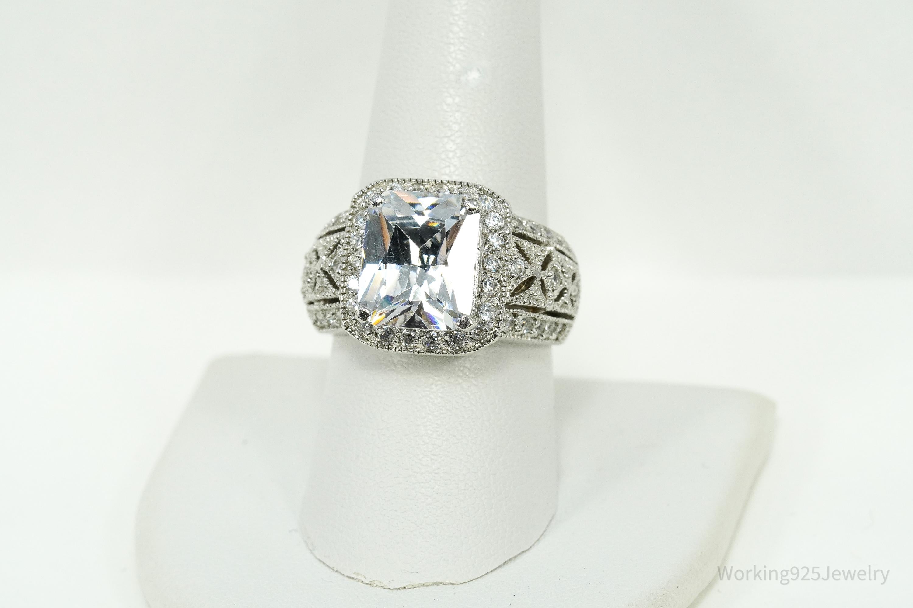 Vintage Large Cubic Zirconia Sterling Silver Ring Size 9