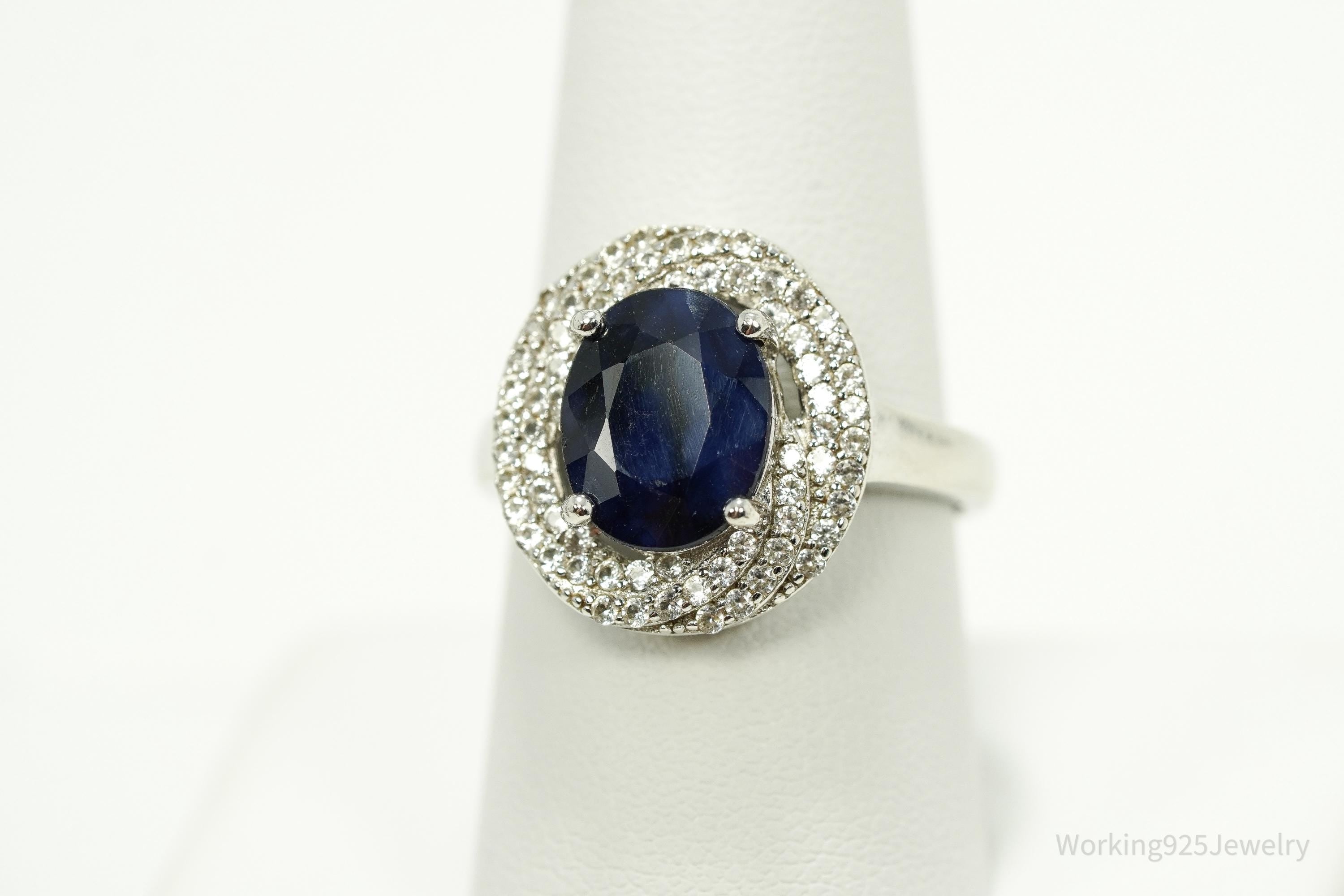 Vintage Blue & White Sapphire Sterling Silver Ring - Size 9