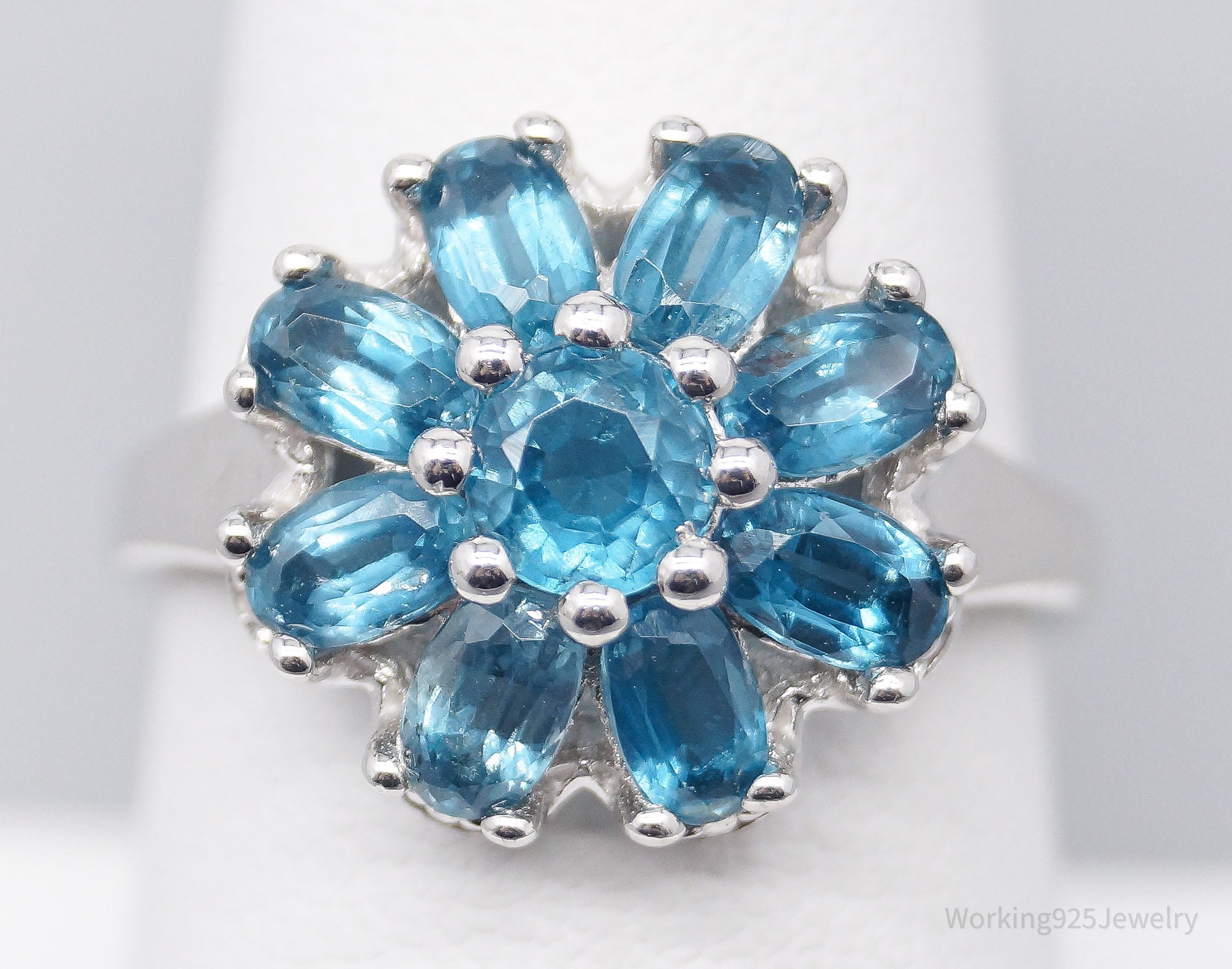 JTV TGGC Blue Topaz Flower Rhodium Over Sterling Silver Ring - Size 7.75