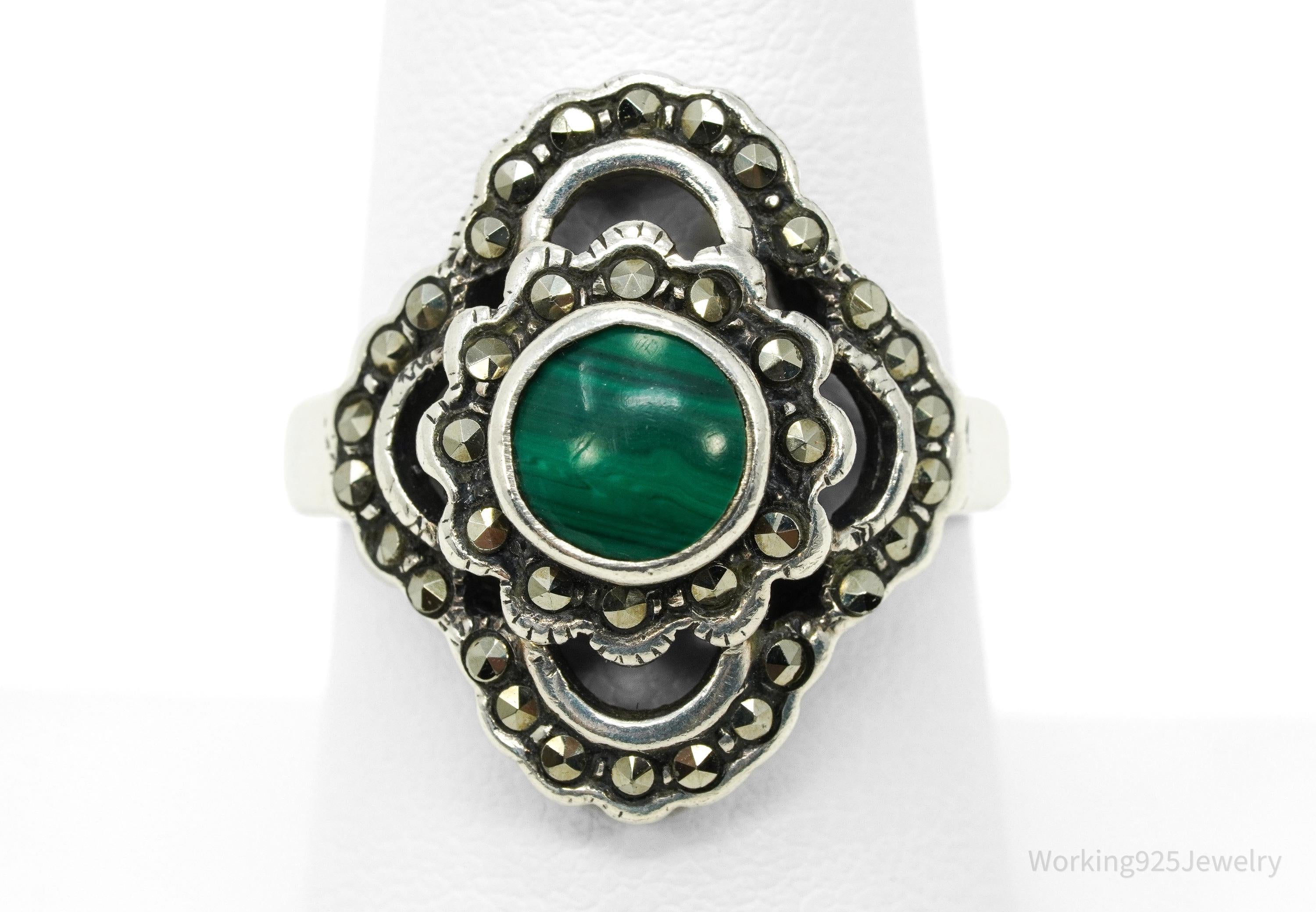 Vintage Malachite & Marcasite Sterling Silver Ring - Size 8.25