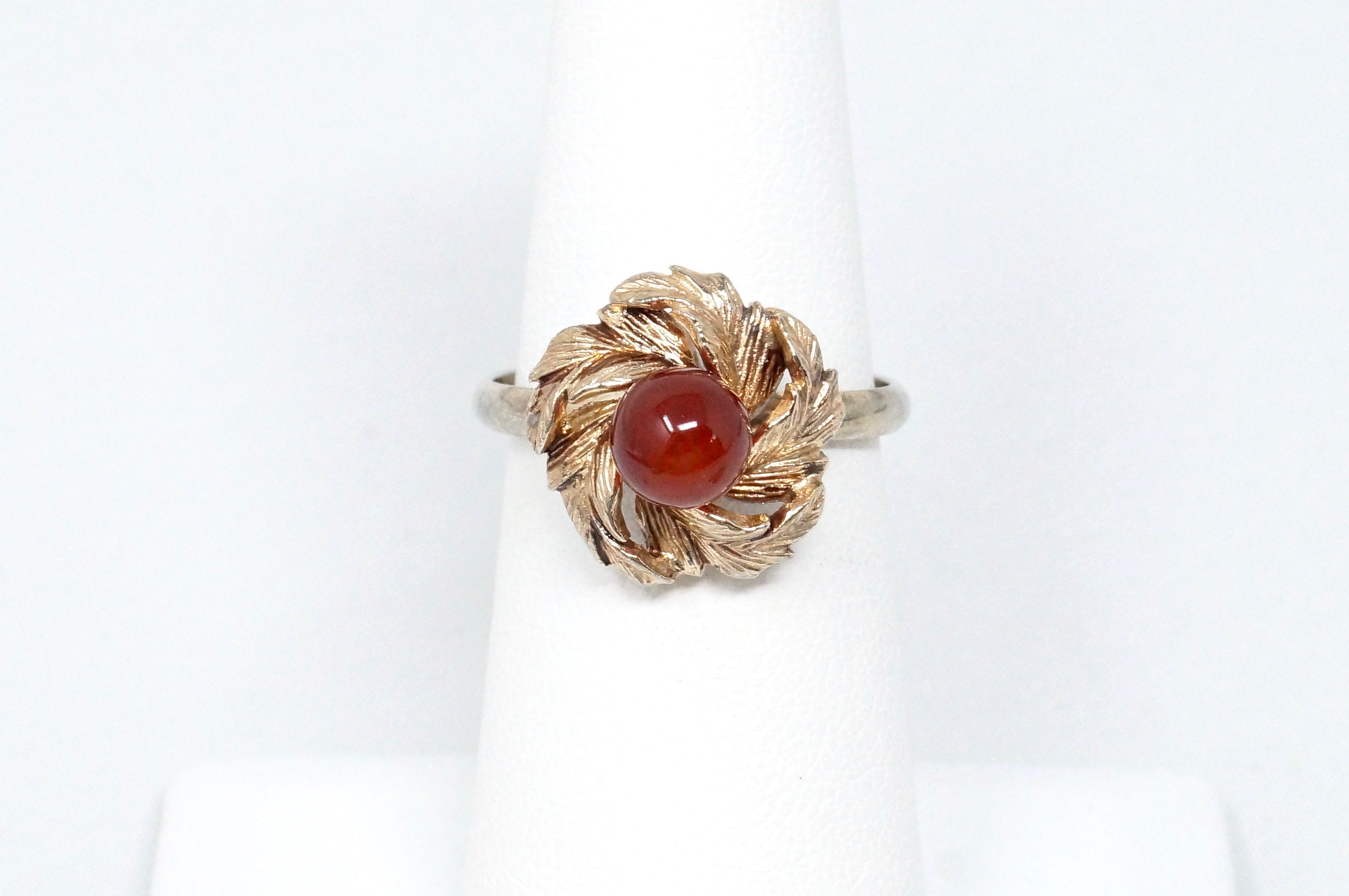 Vtg Early 1900s Style Carnelian Gold Flower Sterling Silver Adjustable Ring Sz 7