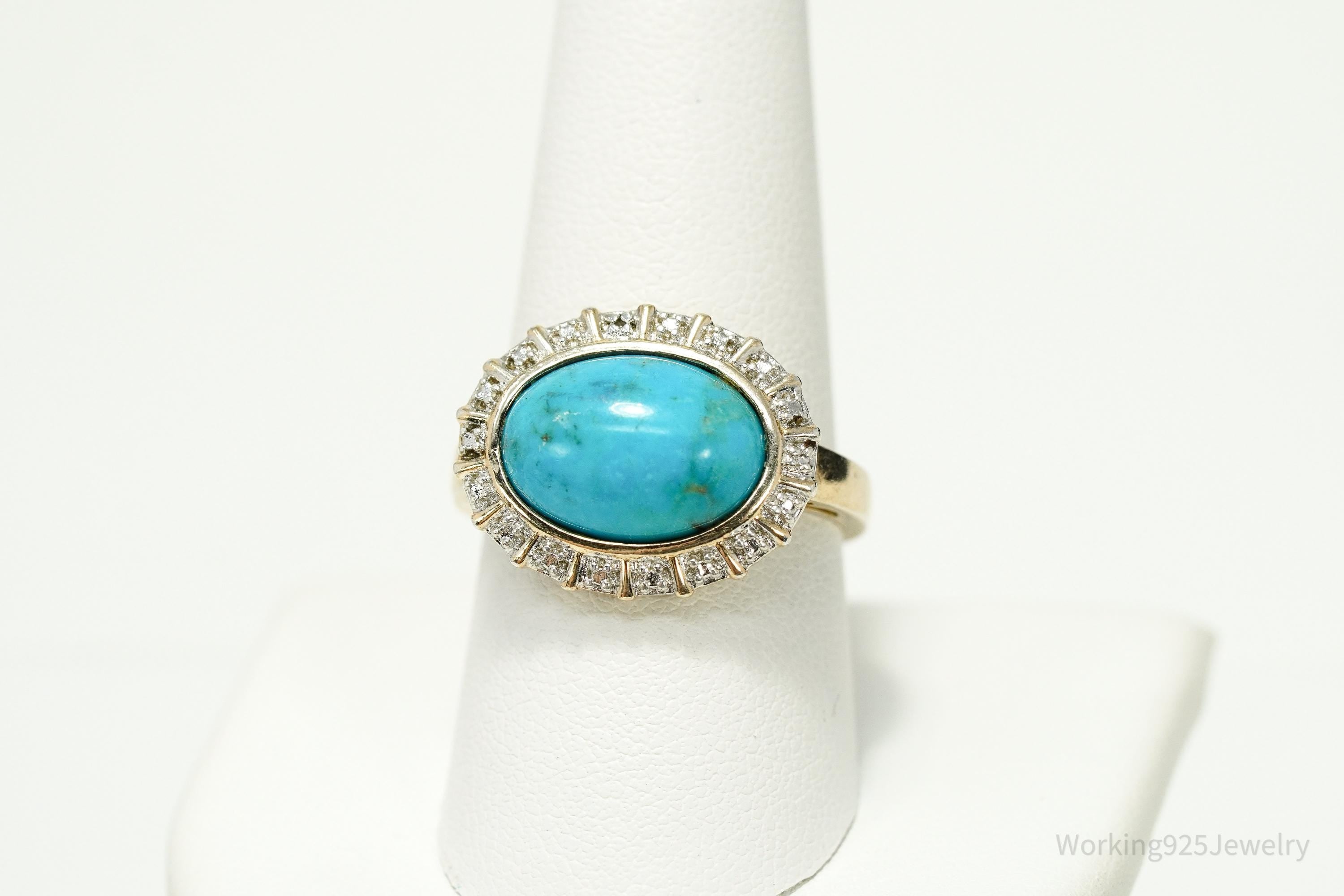 VTG Designer Ross Simons Turquoise & Diamond Gold Over Sterling Silver Ring - Size 9