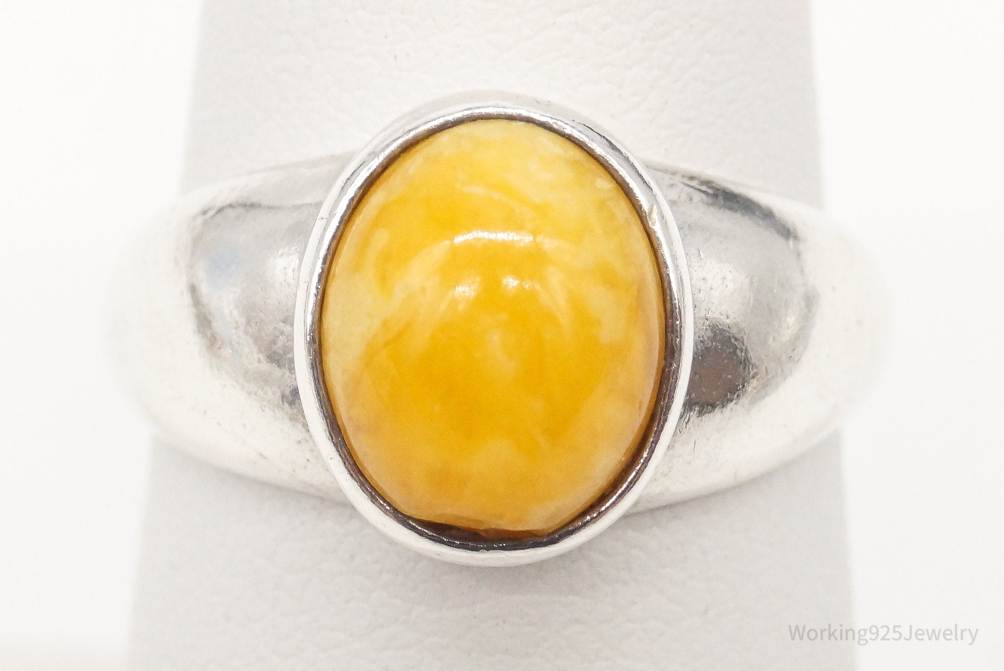 Vintage Yellow Amber Sterling Silver Ring - Size 6.5