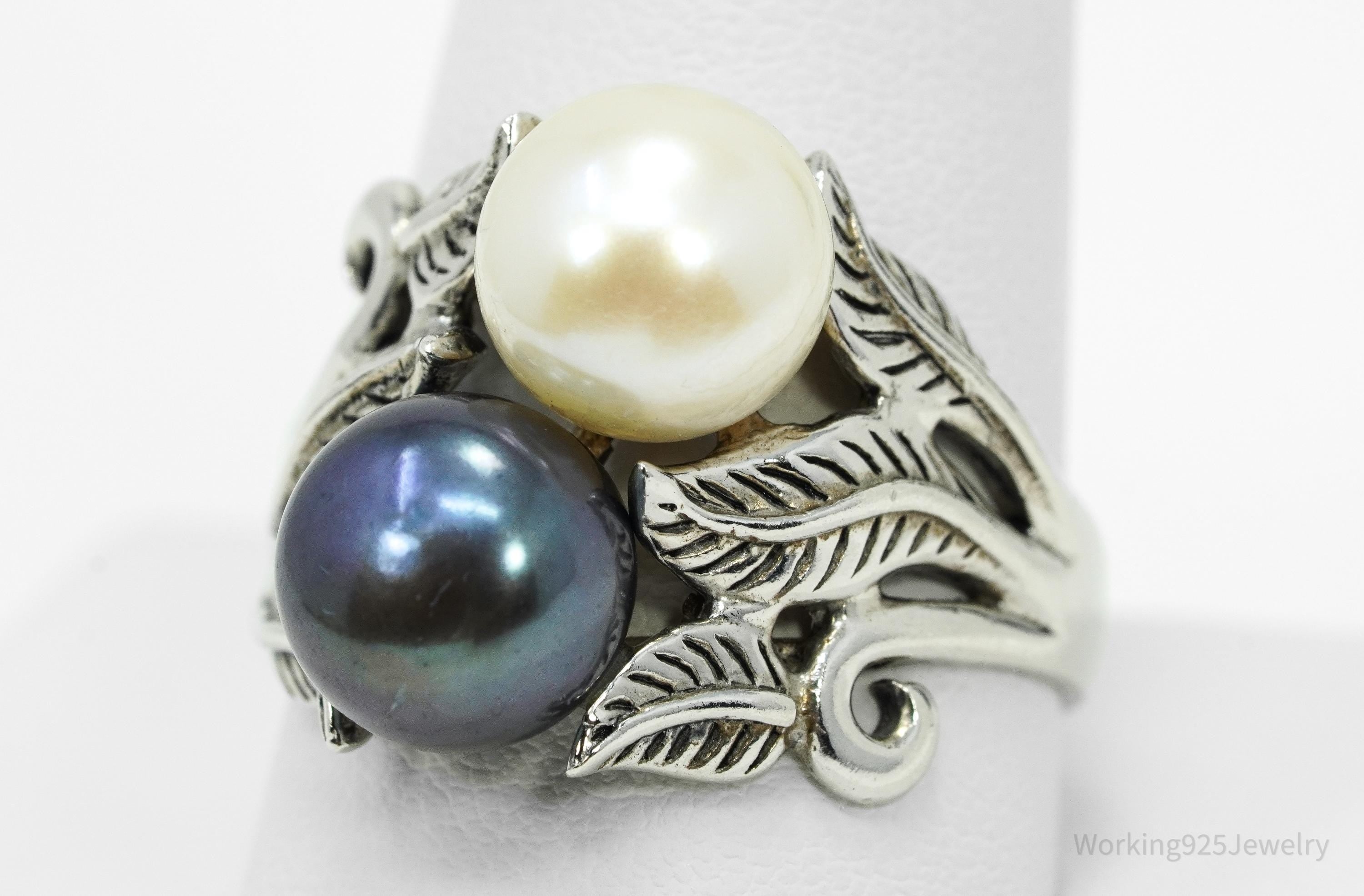 Vintage Designer CFJ White & Tahitian Pearl Sterling Silver Ring Size 10.75