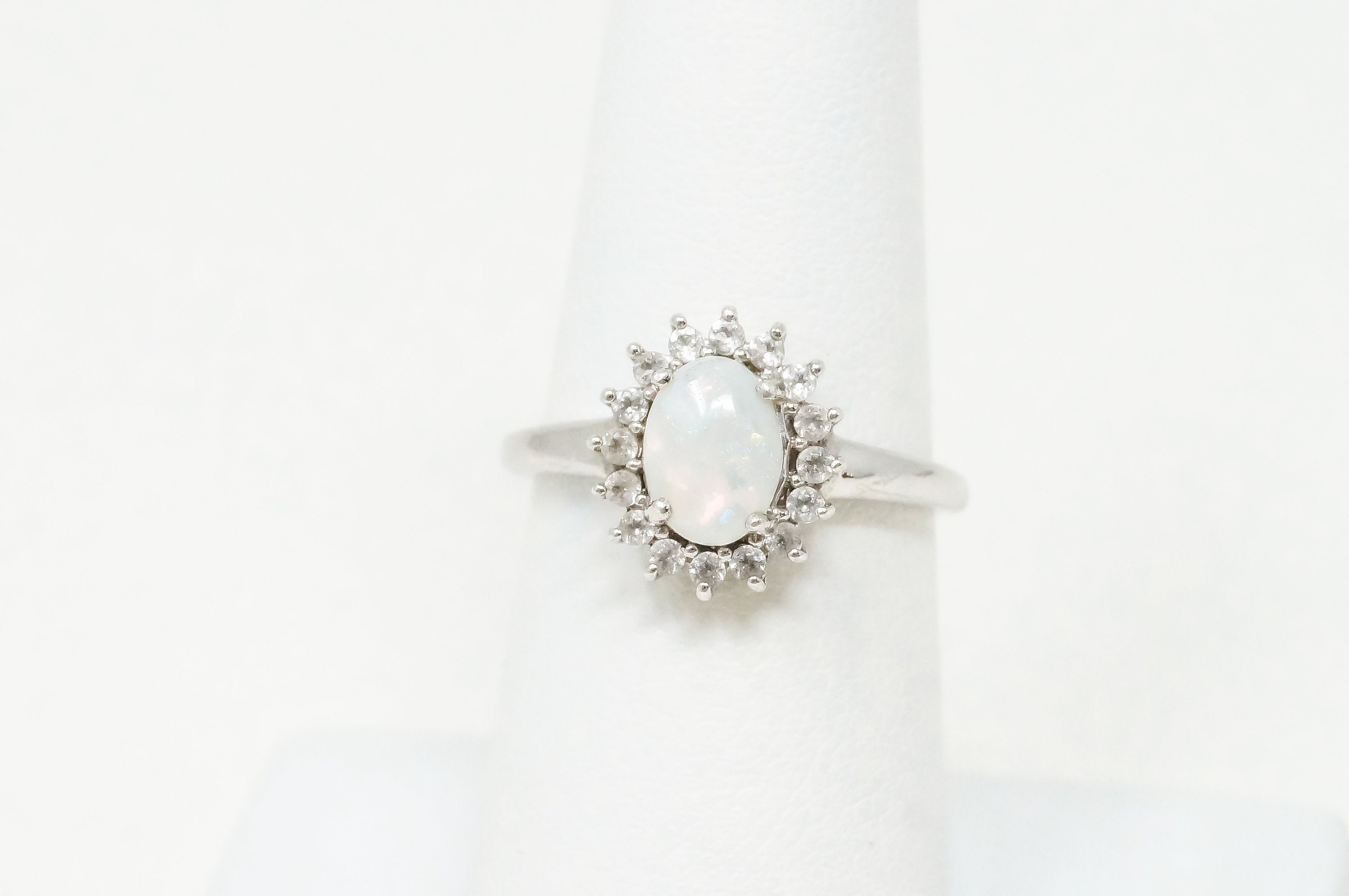 Vintage White Opal Cubic Zirconia Sterling Silver Ring - Sz 6.75