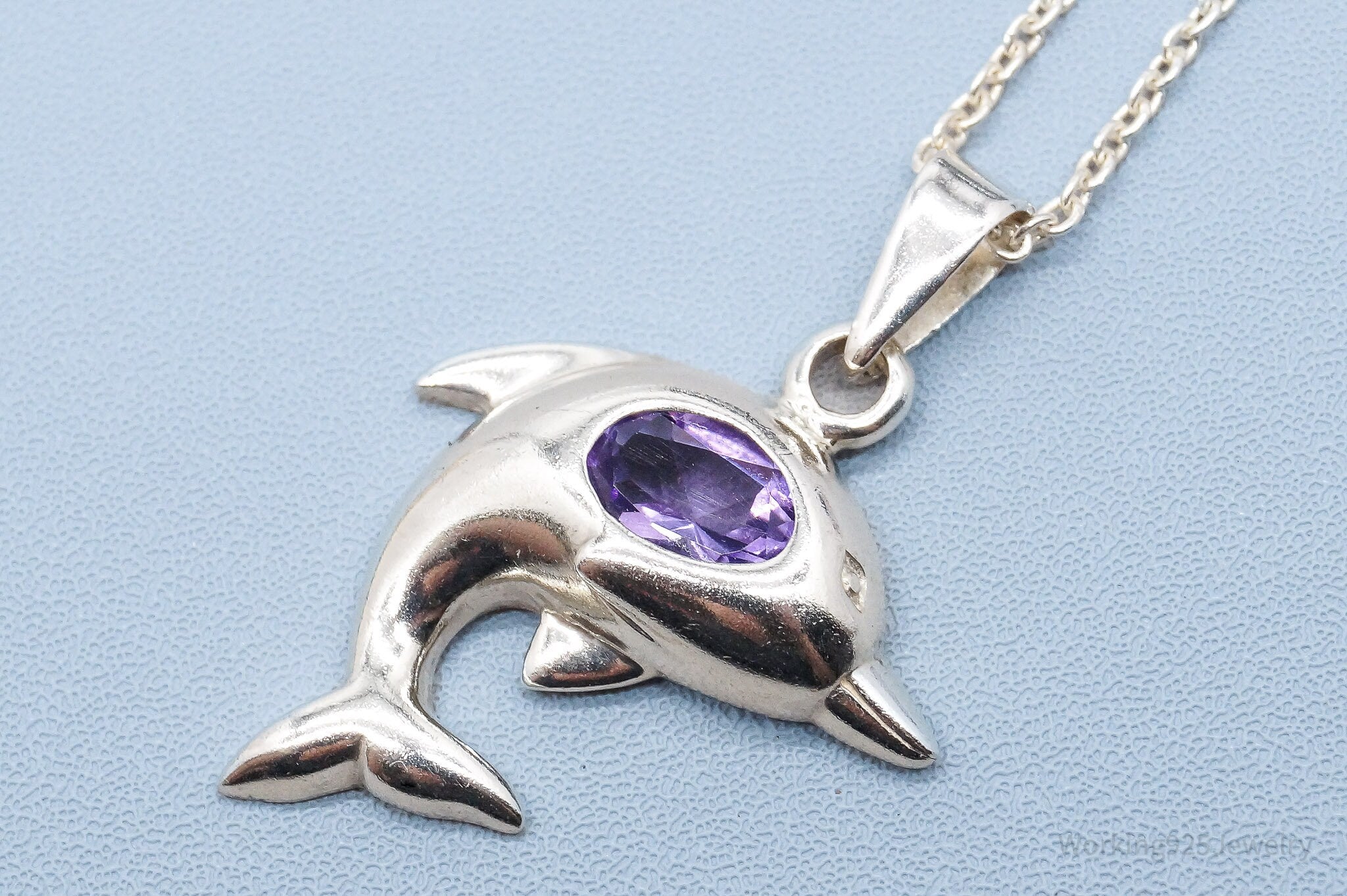 Vintage Amethyst Dolphin Sterling Silver Necklace 18"
