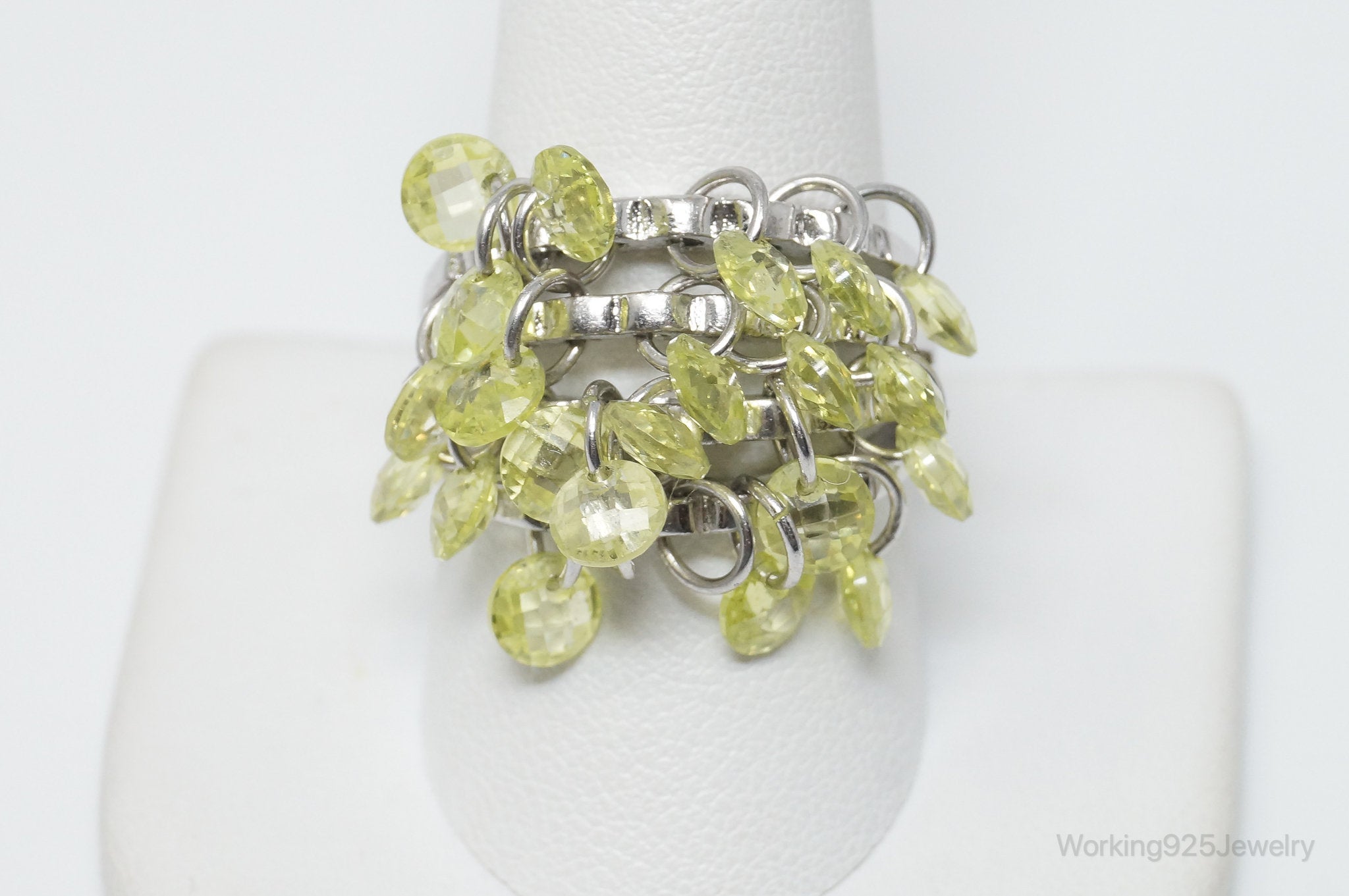 Vintage Peridot Dangling Gem Charms Sterling Silver Ring Size 10