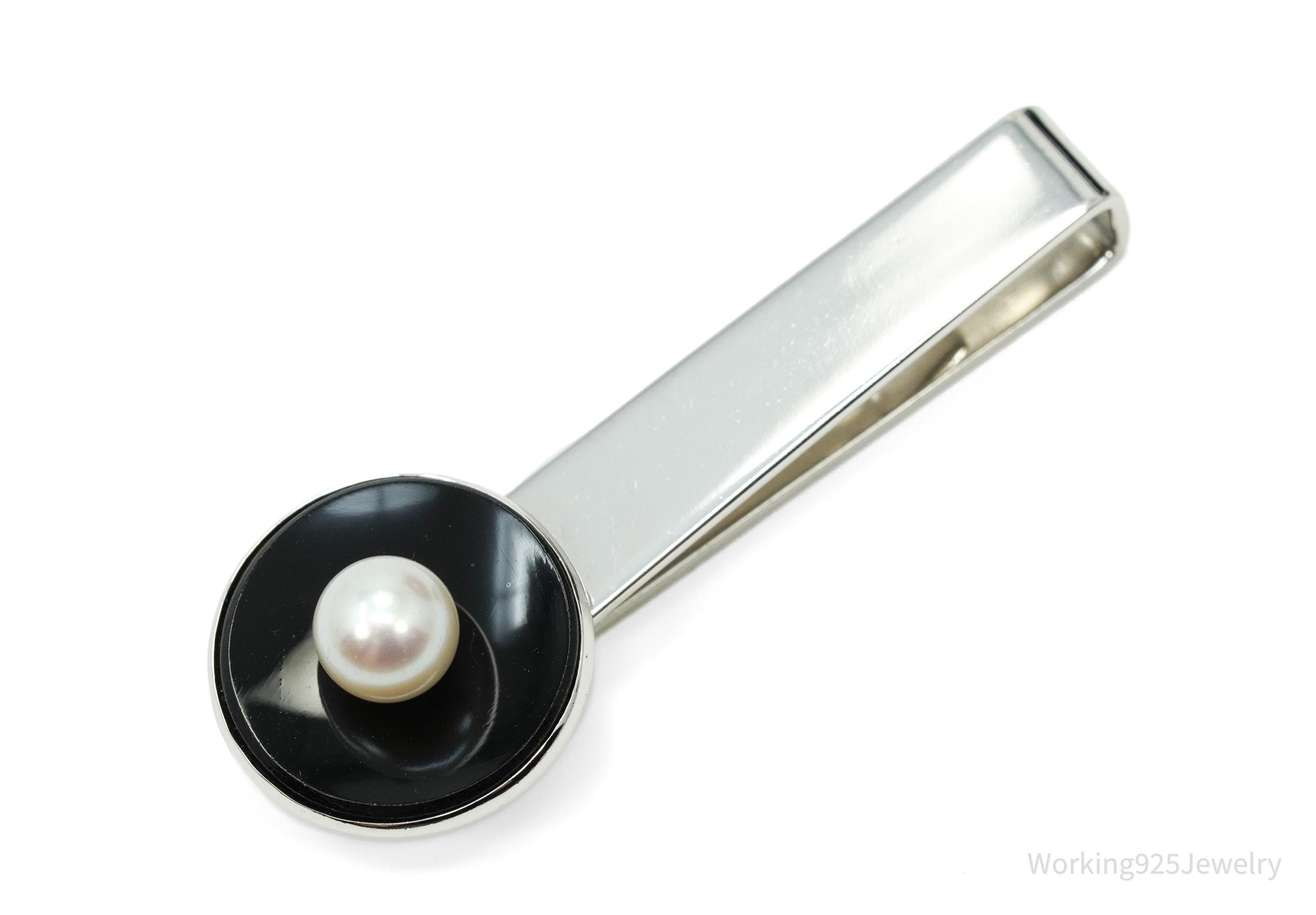 Vintage Designer CARIBE Pearl & Onxy Sterling Silver Tie Bar Clip