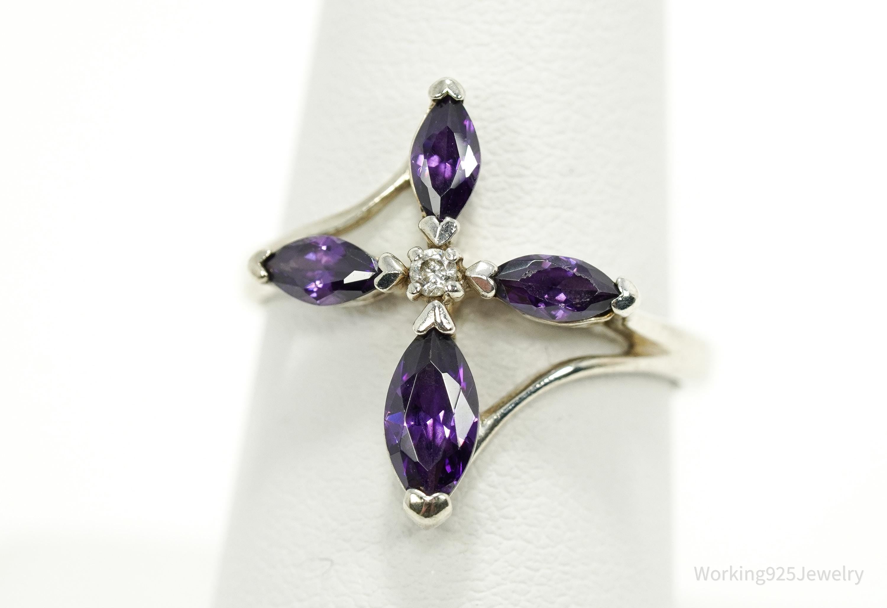 Vintage Amethyst "With God All Things Are Possible" White Sapphire Cross Sterling Silver Ring - Size 8