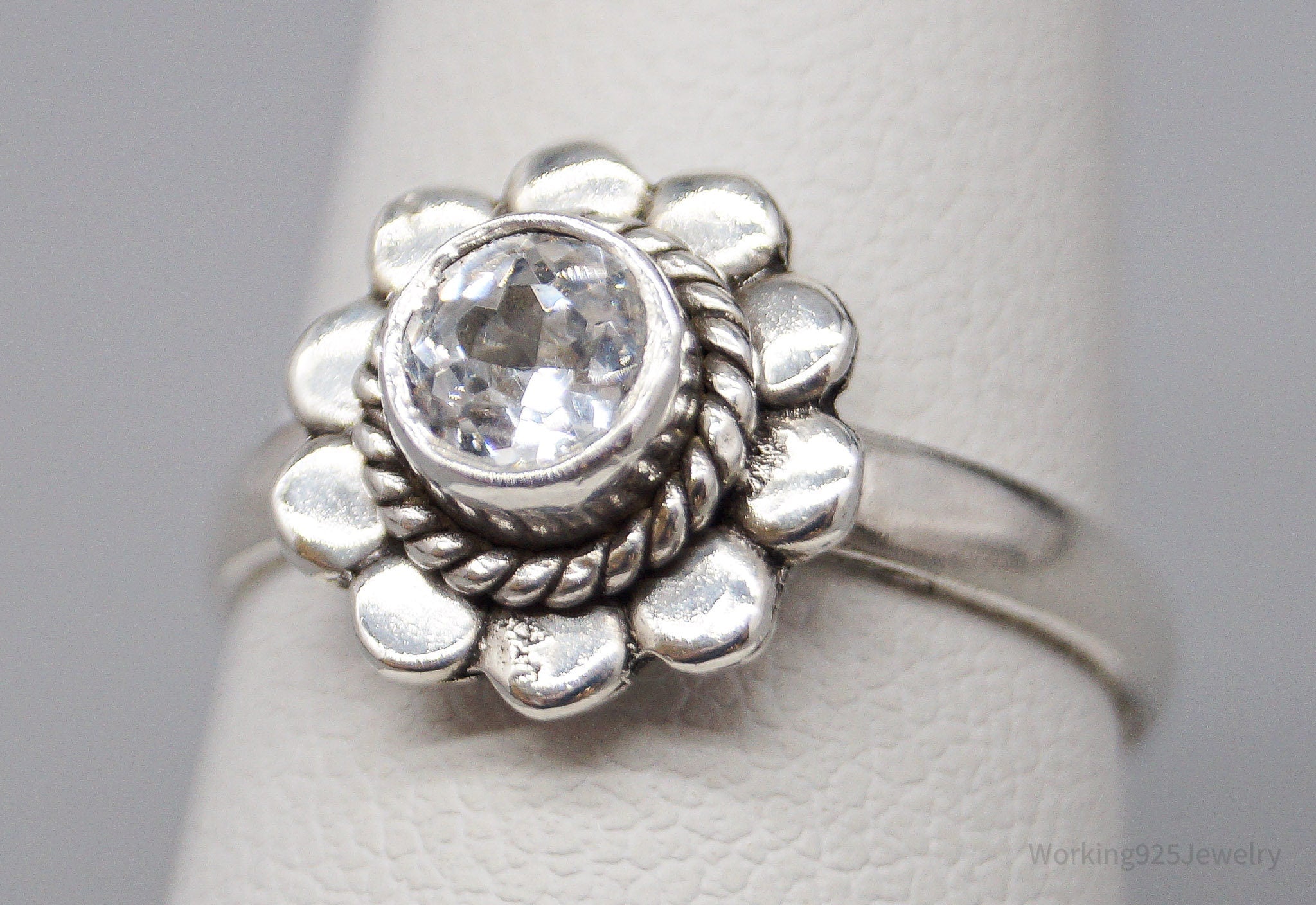 Vintage White Topaz Sterling Silver Flower Ring - Size 6.75
