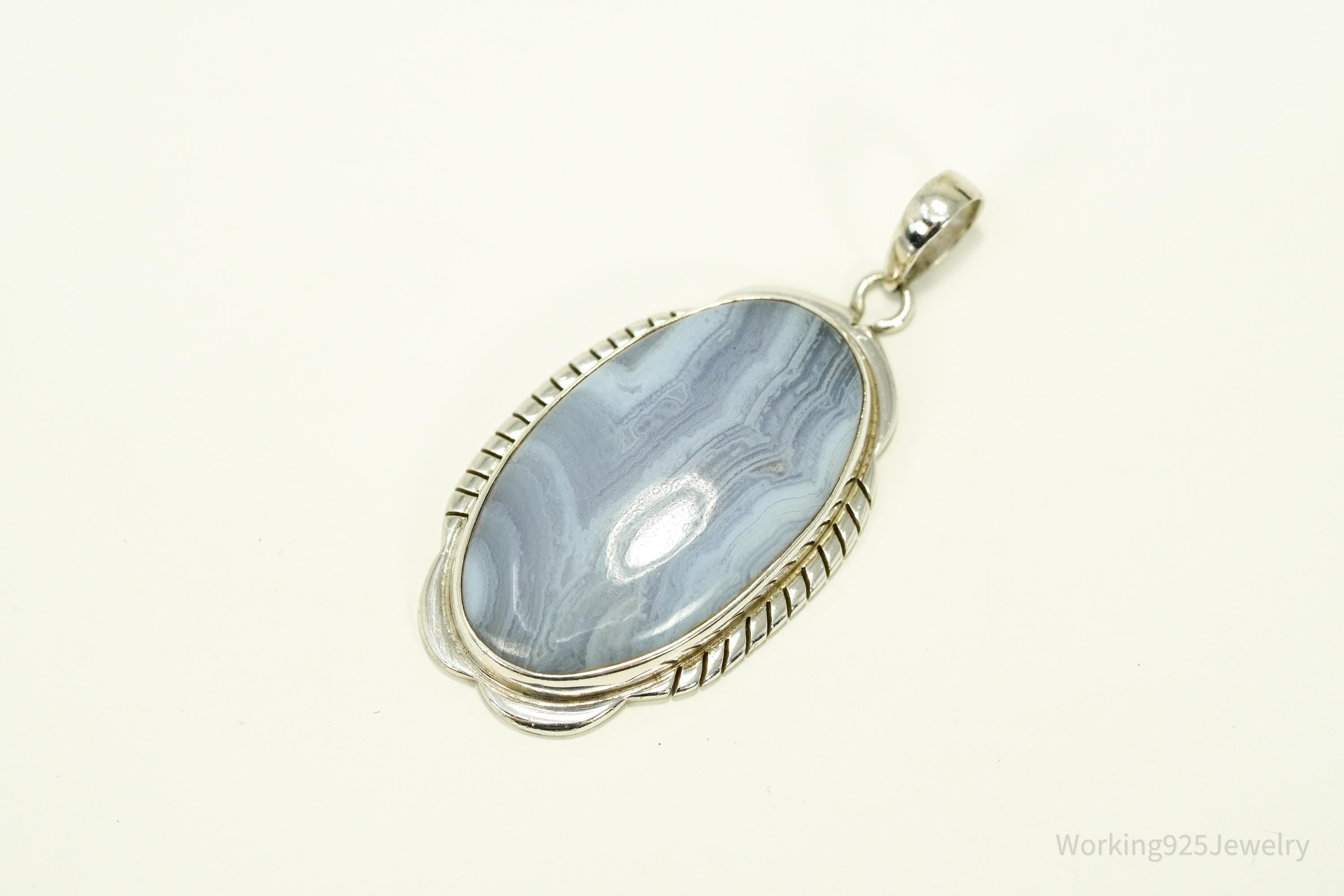 Large Vintage Blue Lace Agate Sterling Silver Pendant