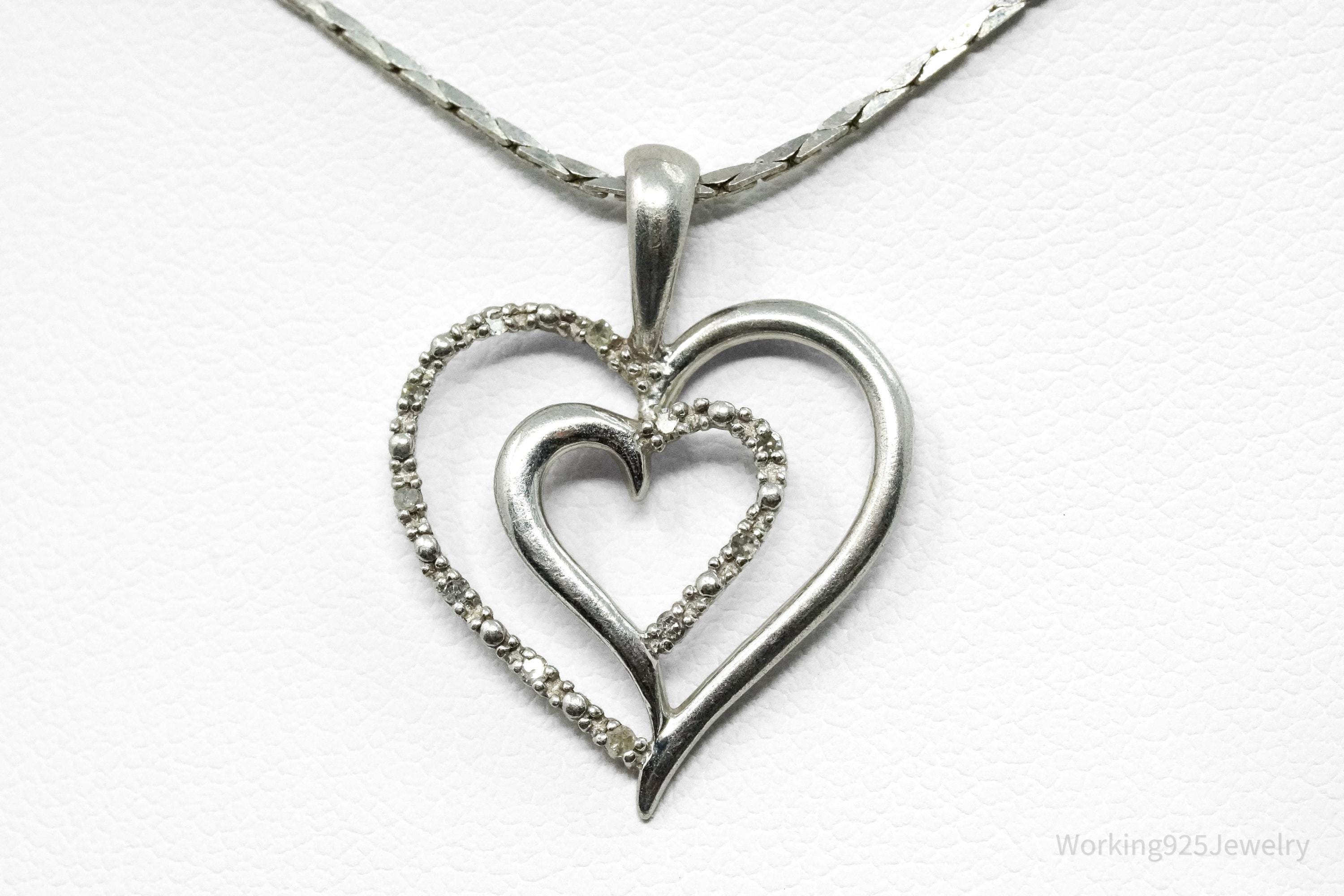 Vintage Diamond Heart Sterling Silver Necklace - 16"