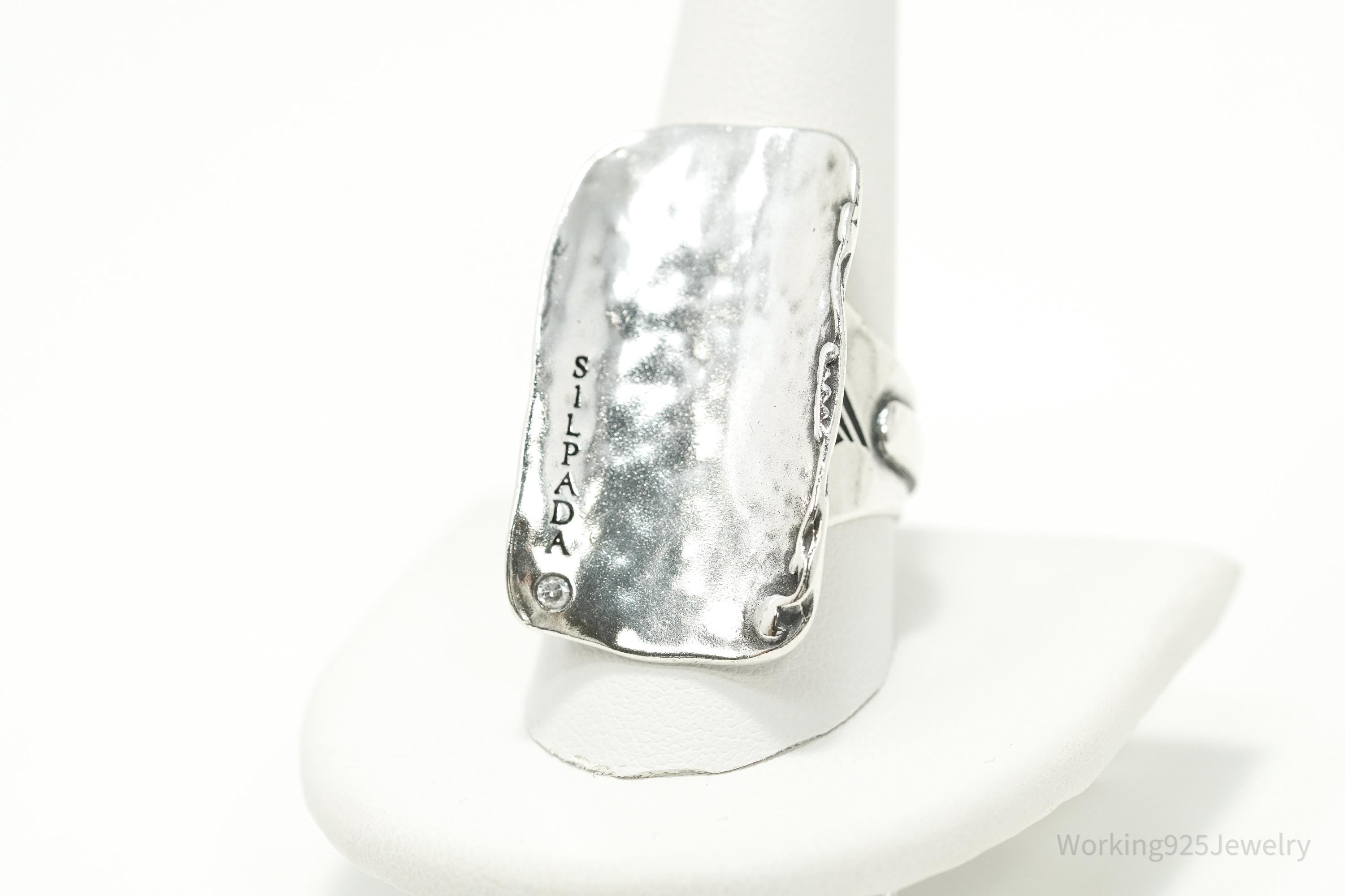 Designer Silpada Retired Rectangular CZ Logo Sterling Silver Ring Size 10.25