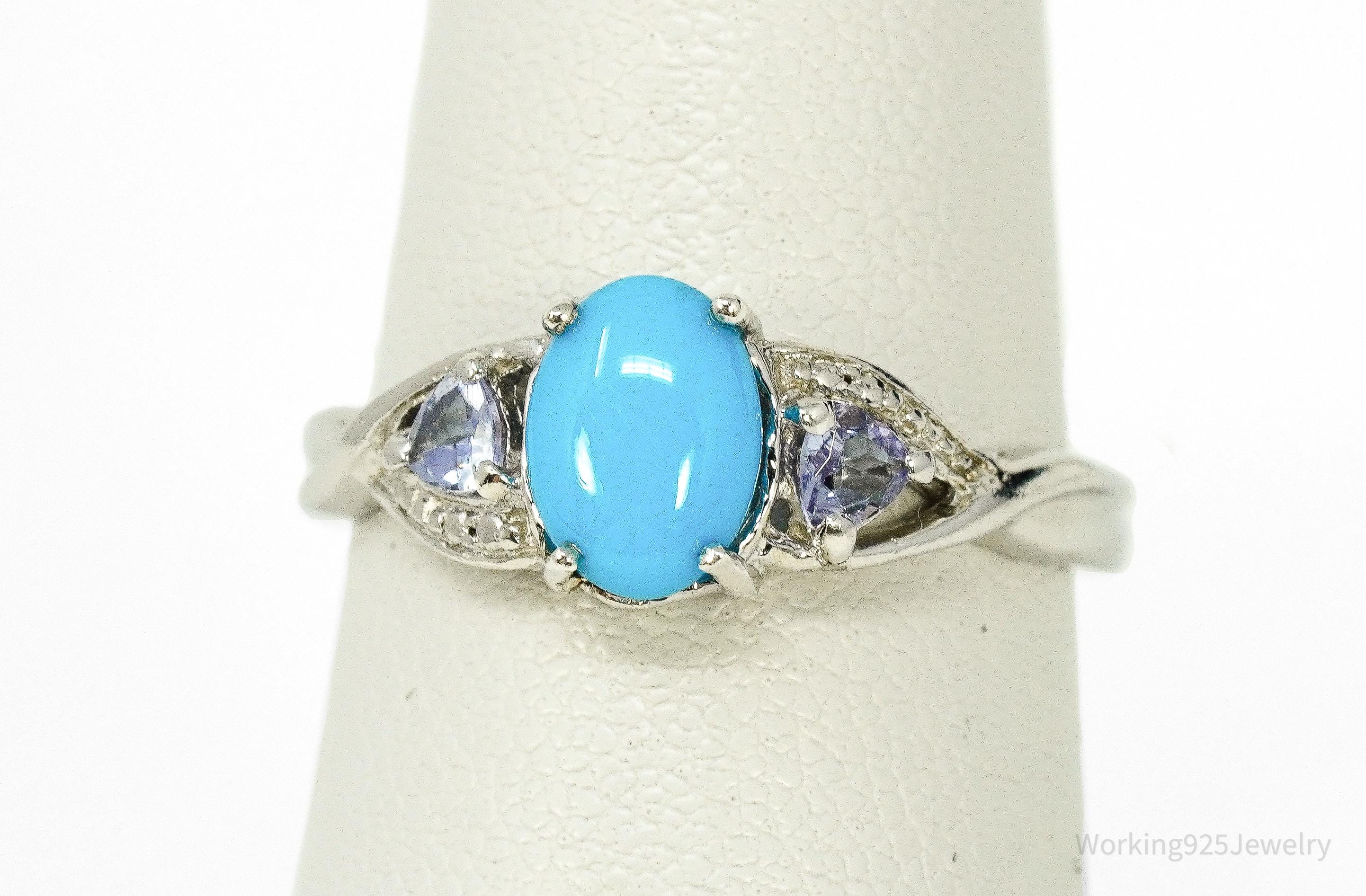Vintage Blue Turquoise & Tanzanite Sterling Silver Ring - Size 7.25