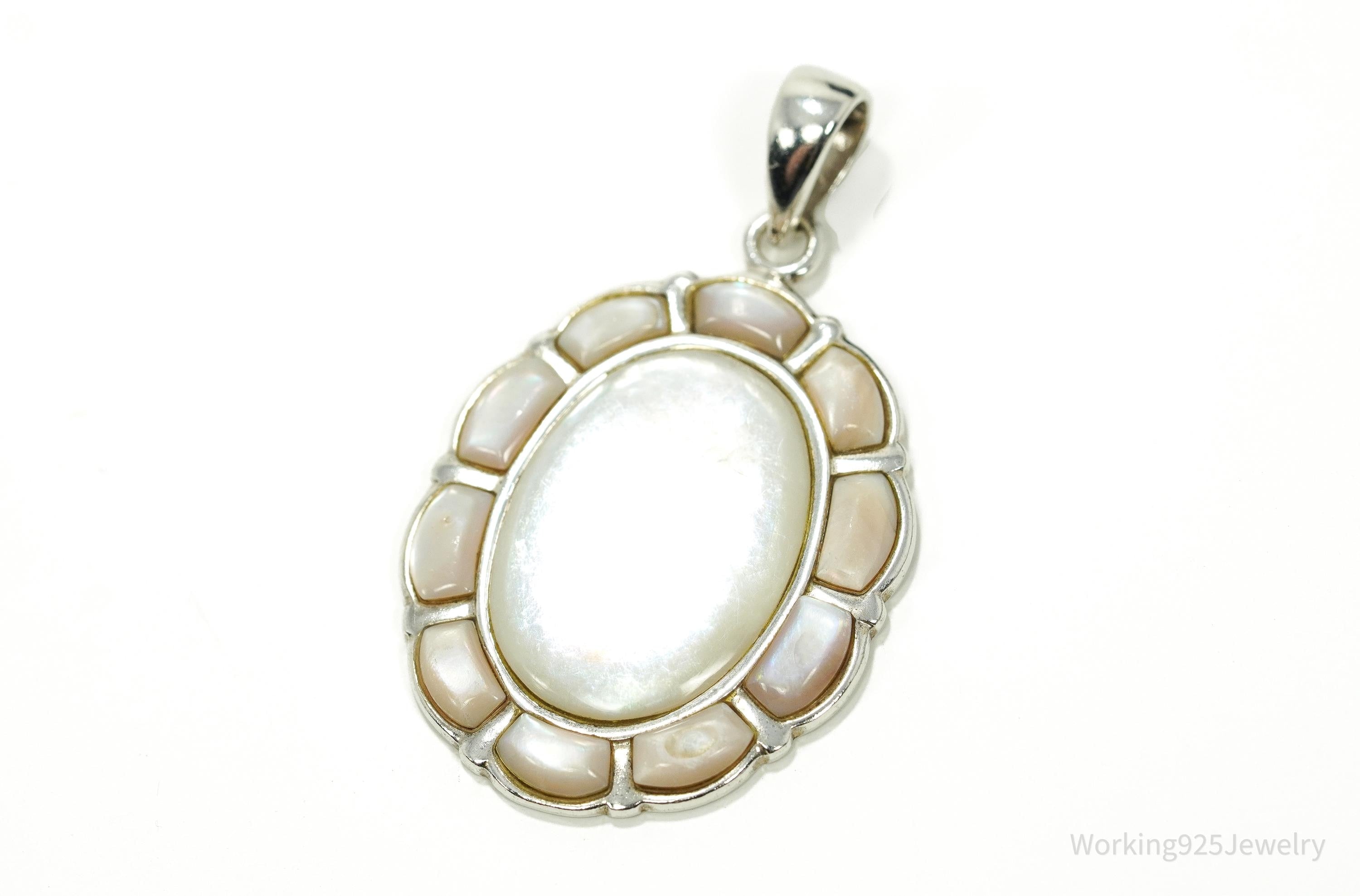 Vintage Large Mother Of Pearl Inlay Sterling Silver Pendant