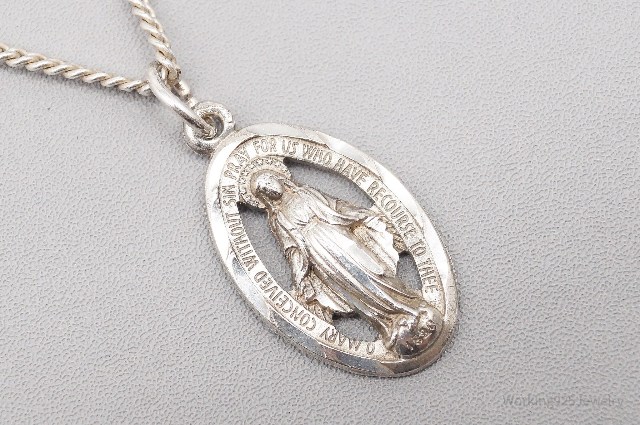 Antique Miraculous Medal Sterling Silver Necklace 24"