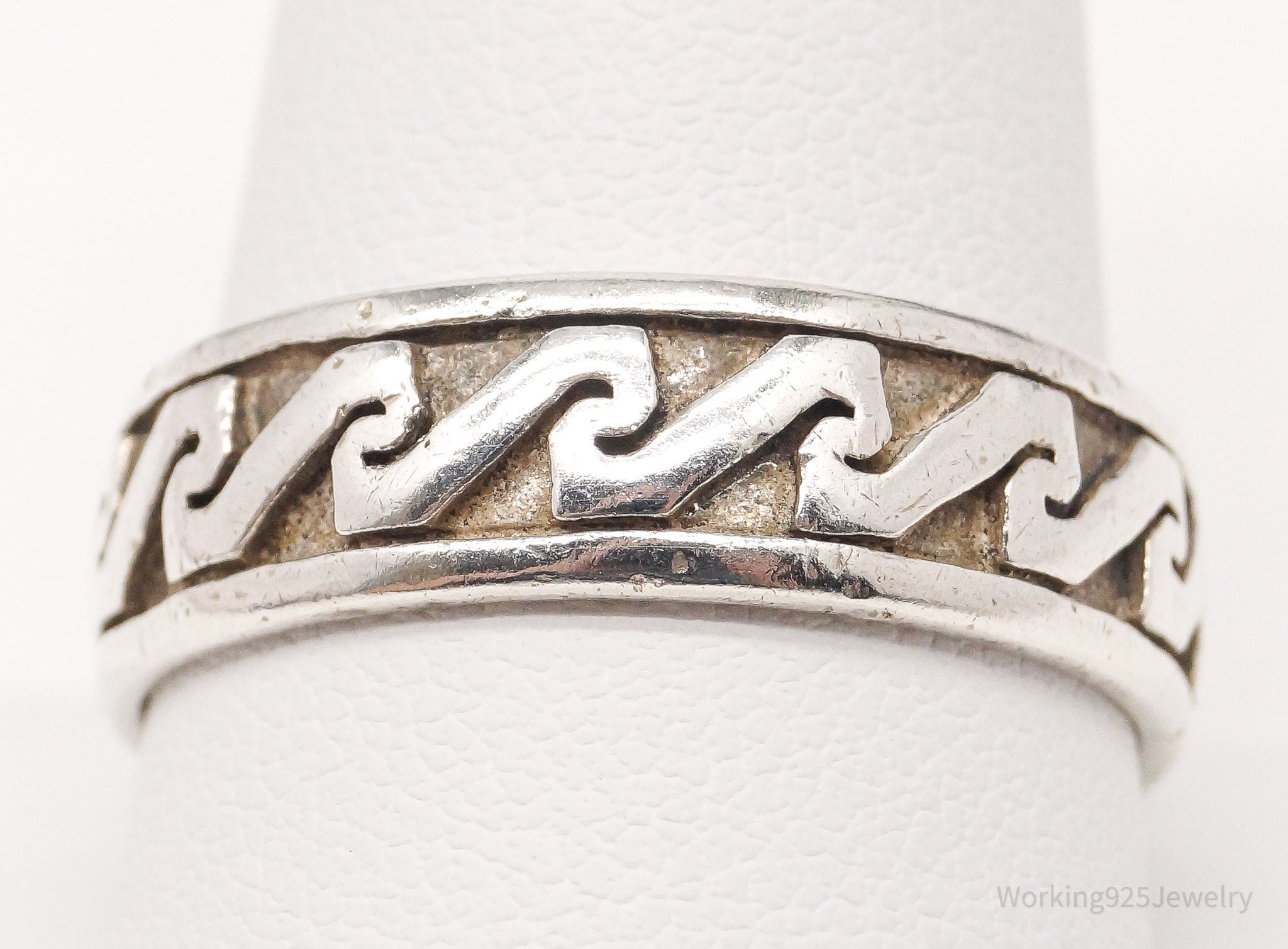 Vintage Aztec Motif Sterling Silver Band Ring - Size 10.75