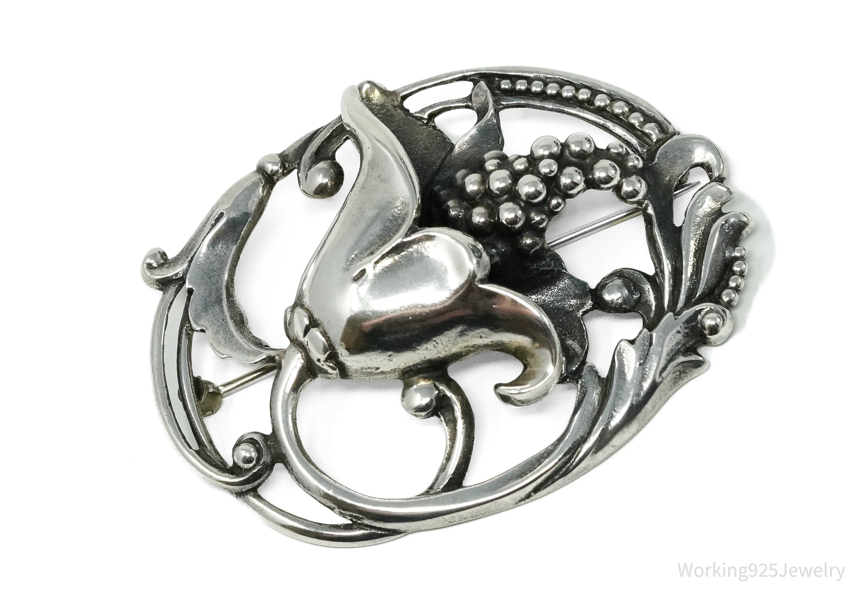 Antique Floral Sterling Silver Brooch Pin 2.5"