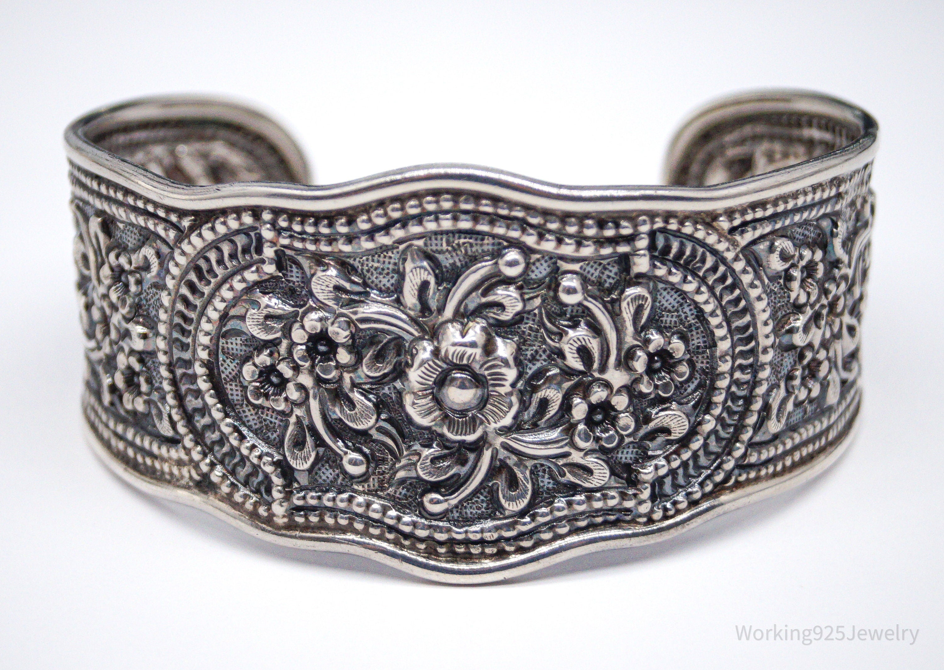 Vintage Floral Pattern Repousse Sterling Silver Cuff Bracelet 7.5"