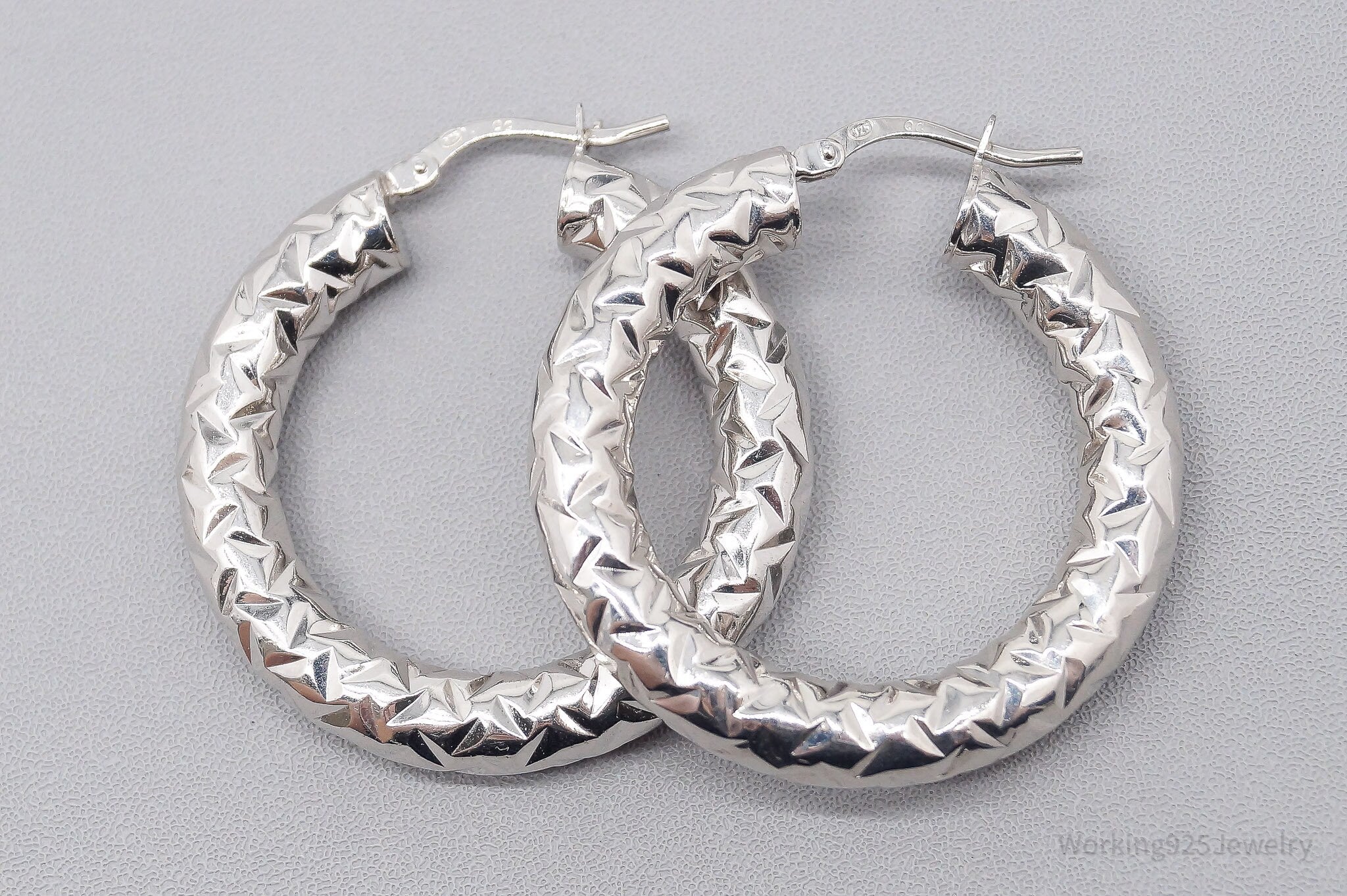 Vintage QG Textured Sterling Silver Hoop Earrings