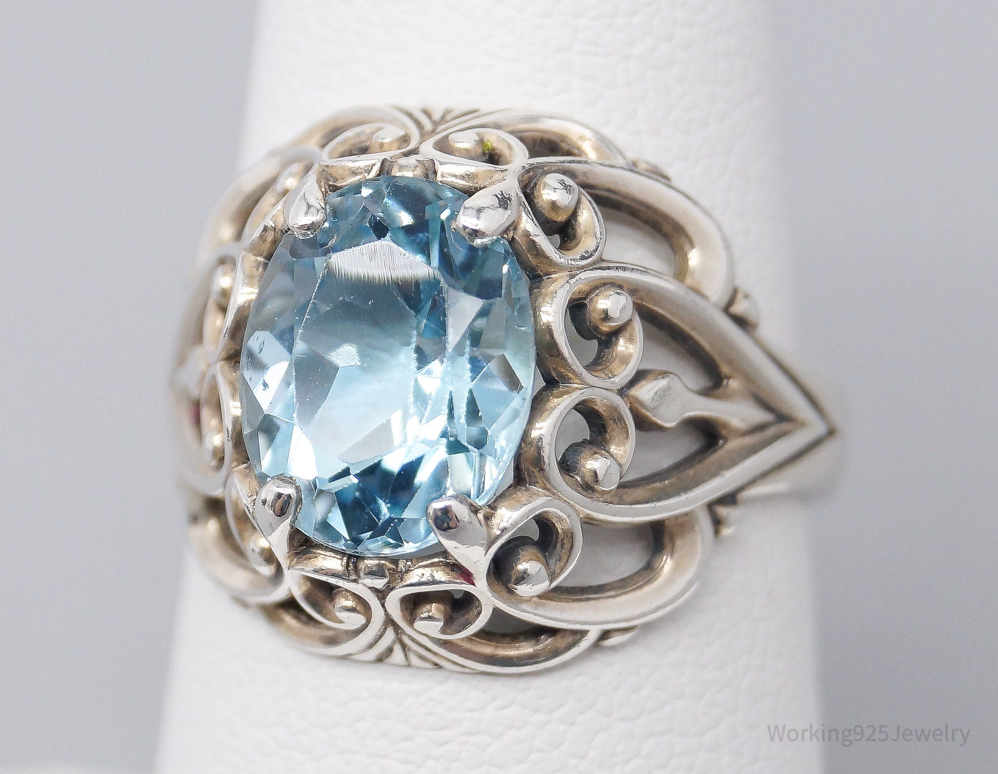 Vintage Designer Kabana Blue Topaz Heart Scrolls Sterling Silver Ring - Size 7