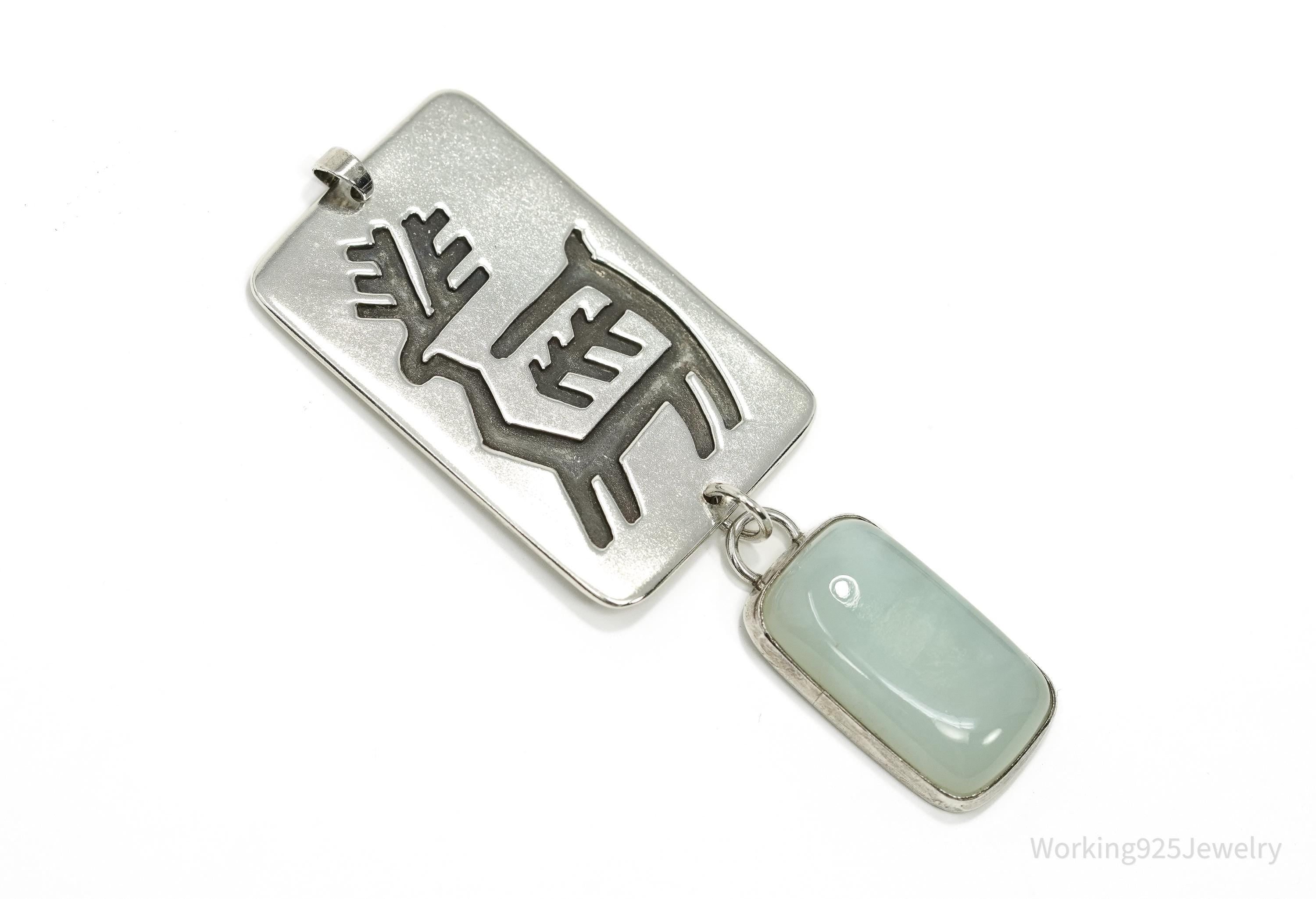 Large Vintage Native American Aqua Chalcedony Sterling Silver Pendant 2.75"