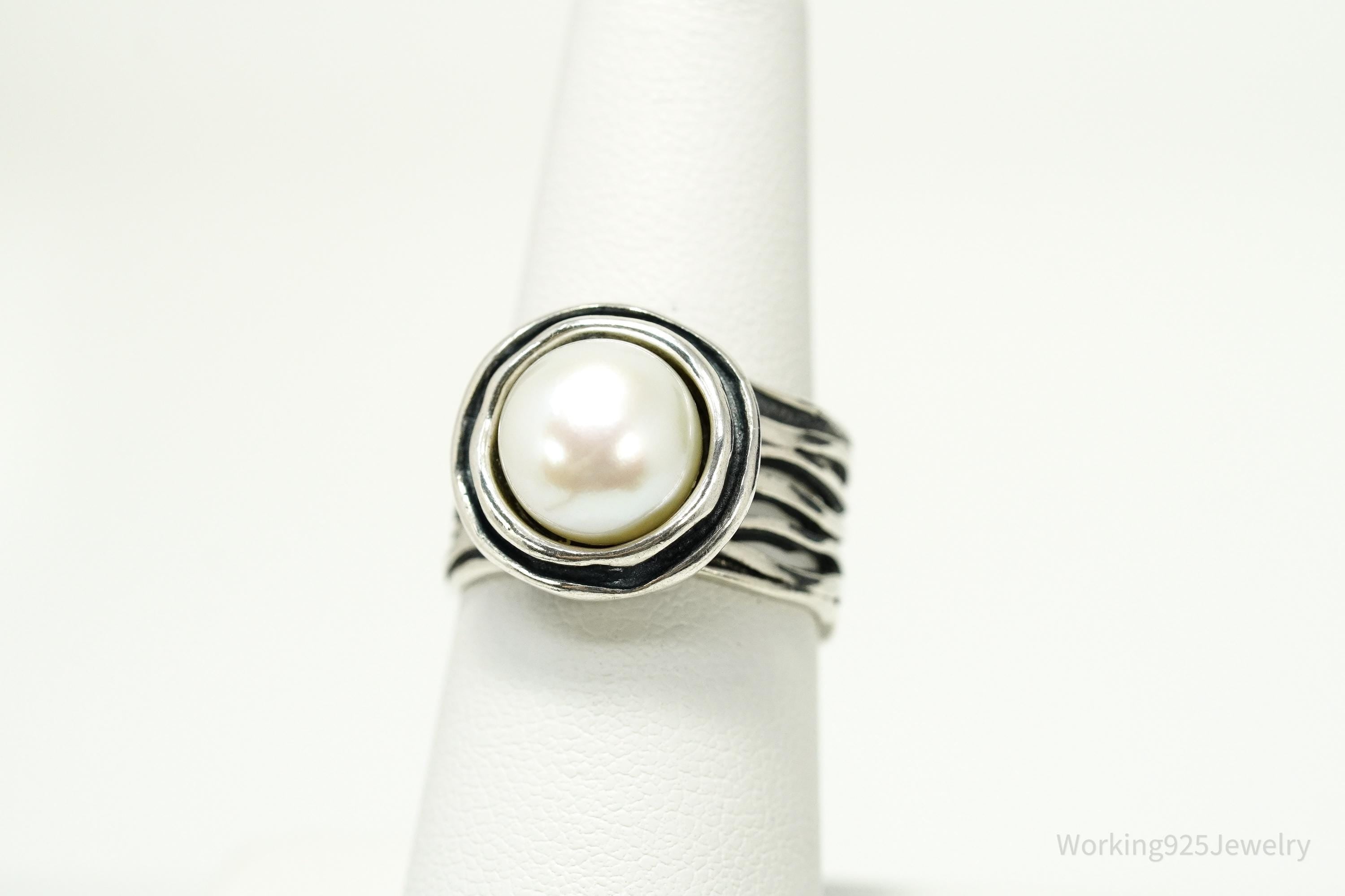 Vintage Israel Large White Pearl Sterling Silver Ring - Size 7