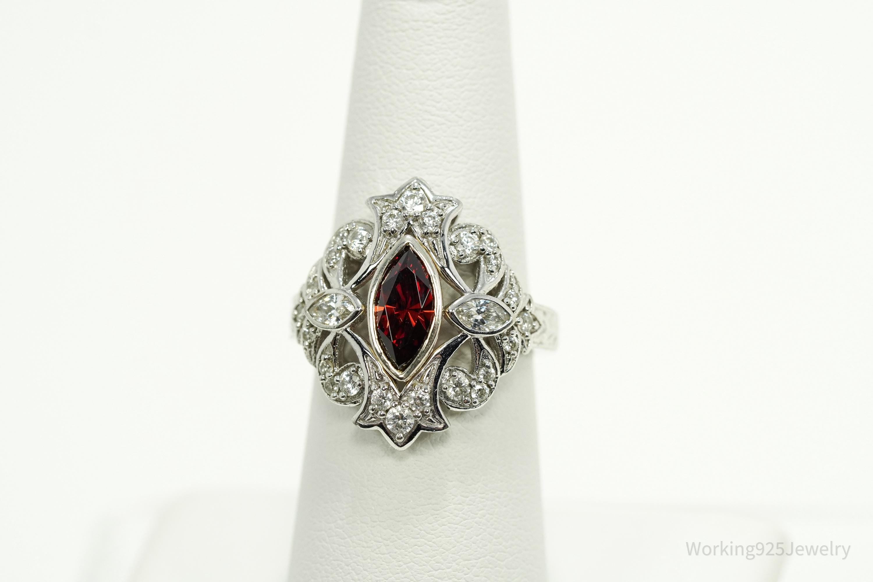 Vintage Garnet & White Zircon Sterling Silver Ring - Size 7