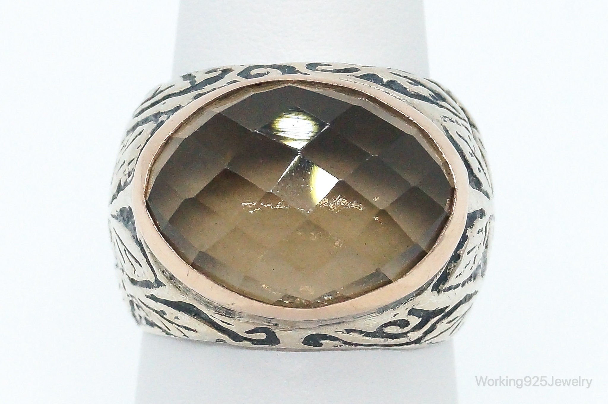 Vintage Large Smoky Topaz 14K Gold Sterling Silver Ring - Size 7.25