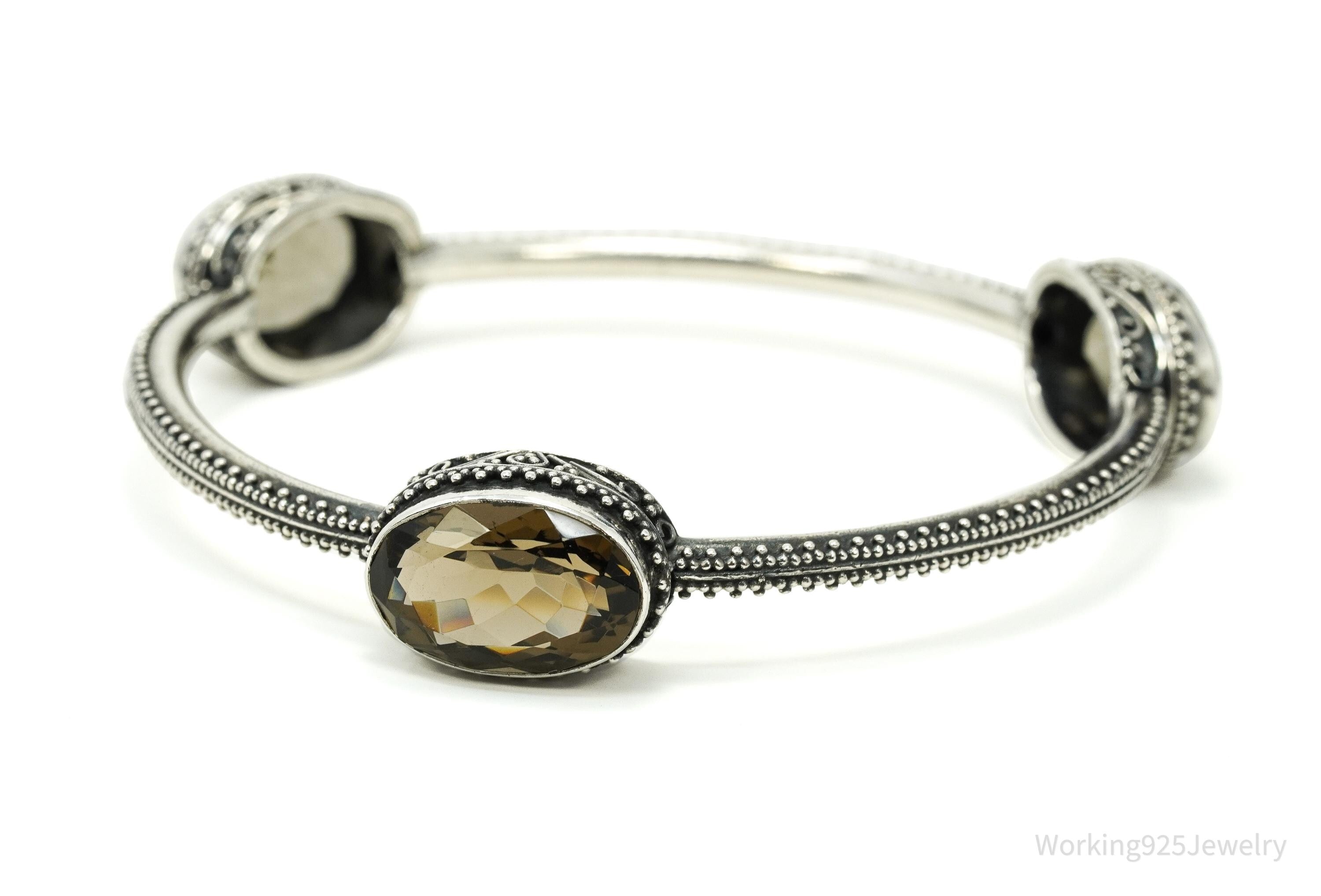 Vintage Smoky Topaz Silver Bangle Bracelet 8"