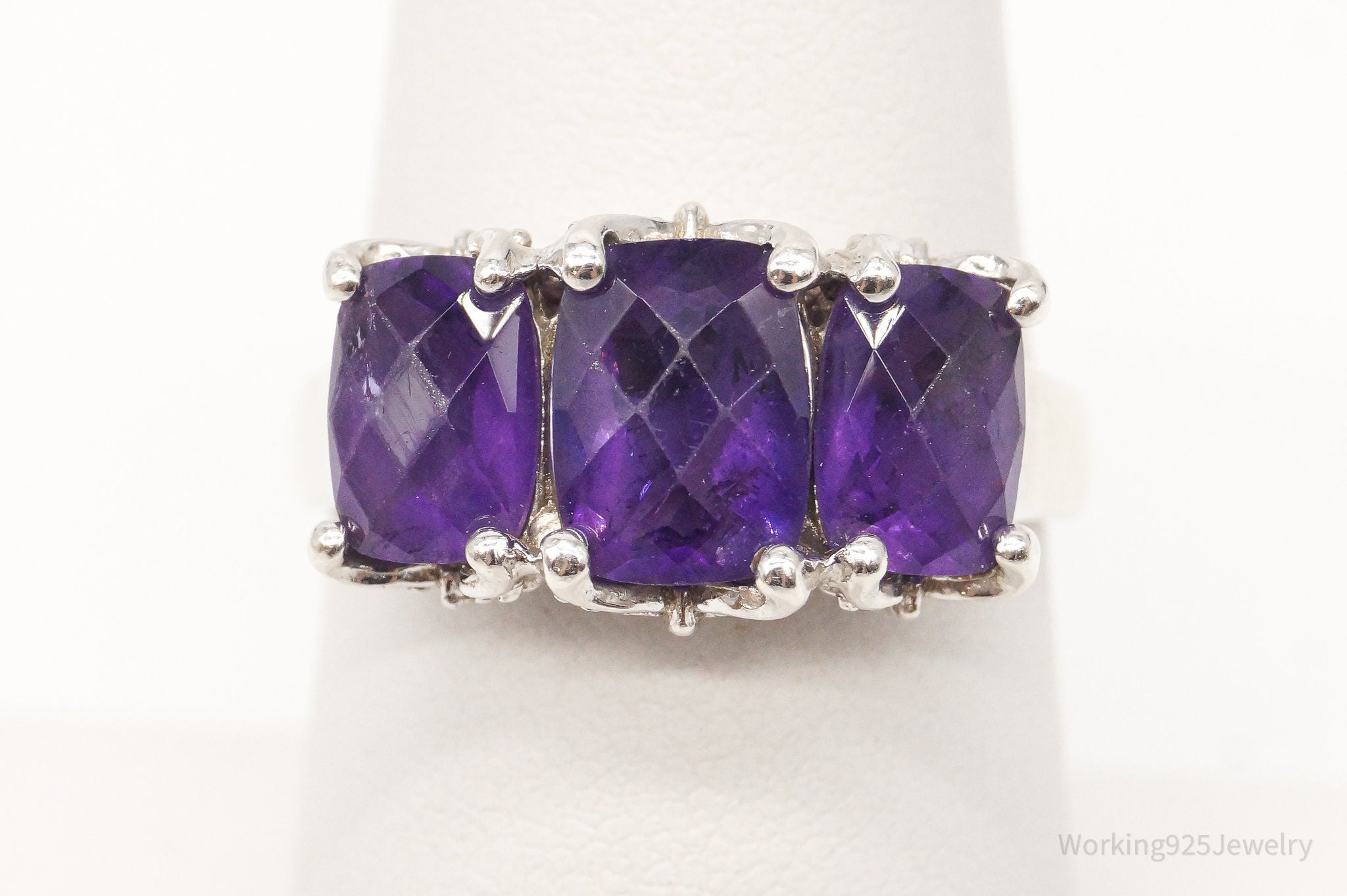 Vintage Designer HT Large Amethyst Butterflies Sterling Silver Ring - Size 7.25