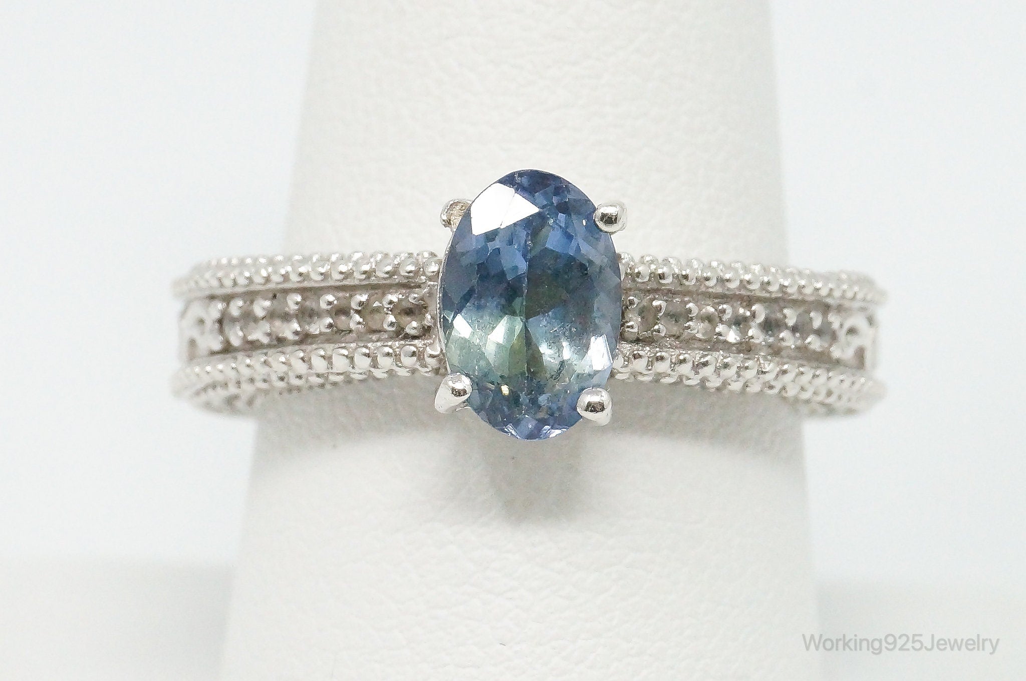 Vintage Green Blue Gemstone Cubic Zirconia Sterling Silver Ring - Size 8.75