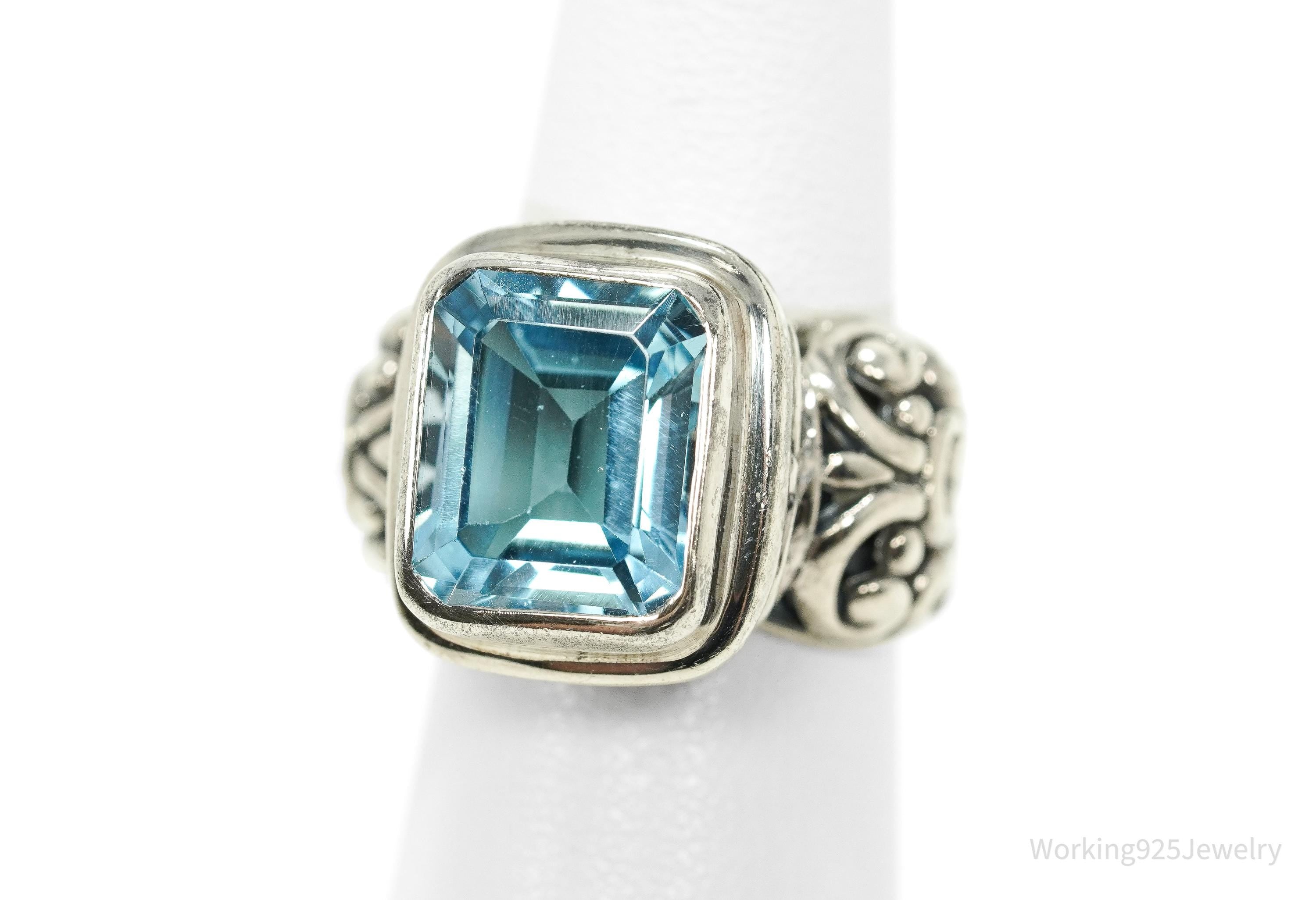 Vintage Large Blue Topaz Sterling Silver Ornate Ring - Size 5.25