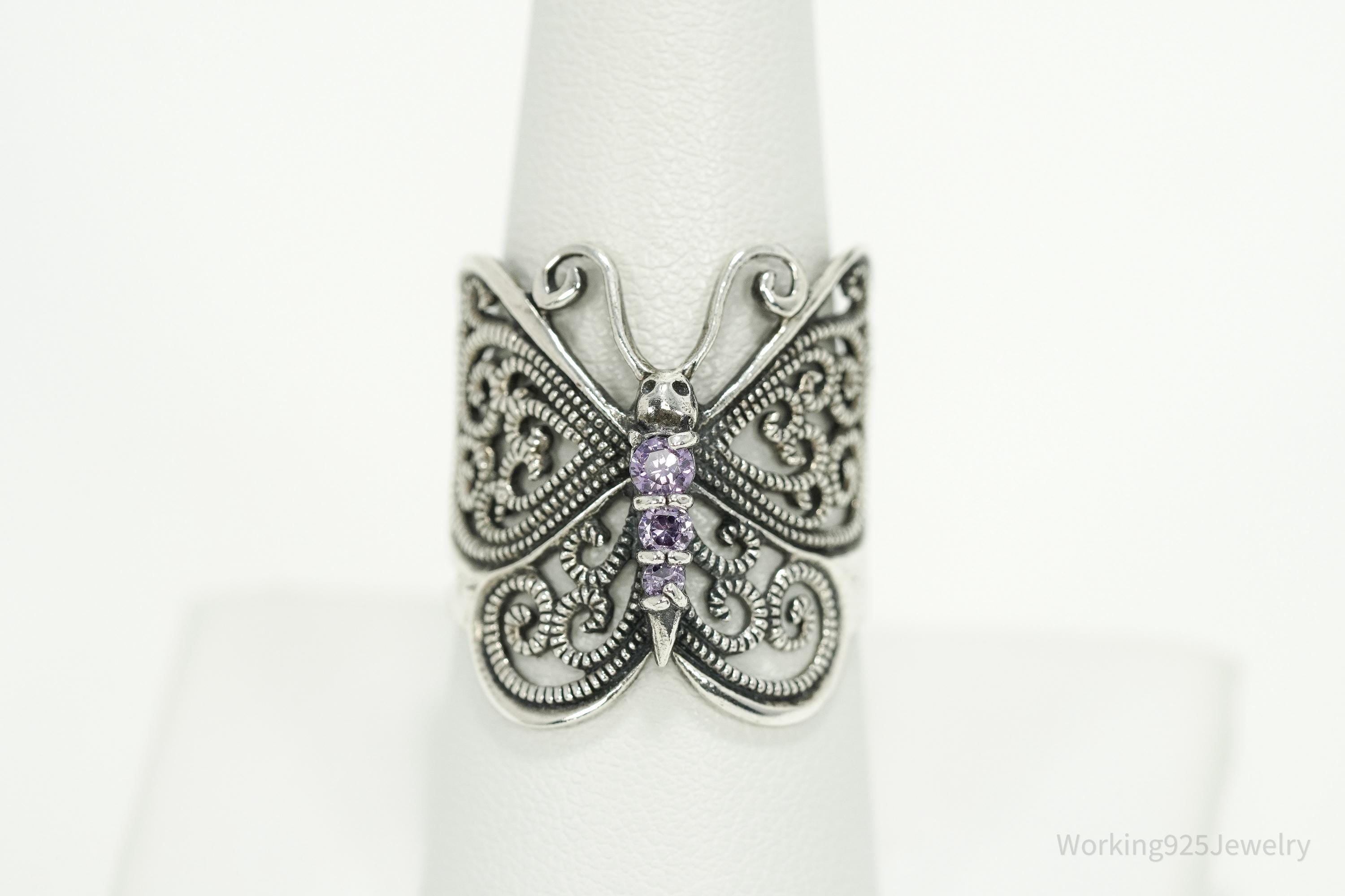 Vintage Amethyst Butterfly Sterling Silver Ring - Size 9.25