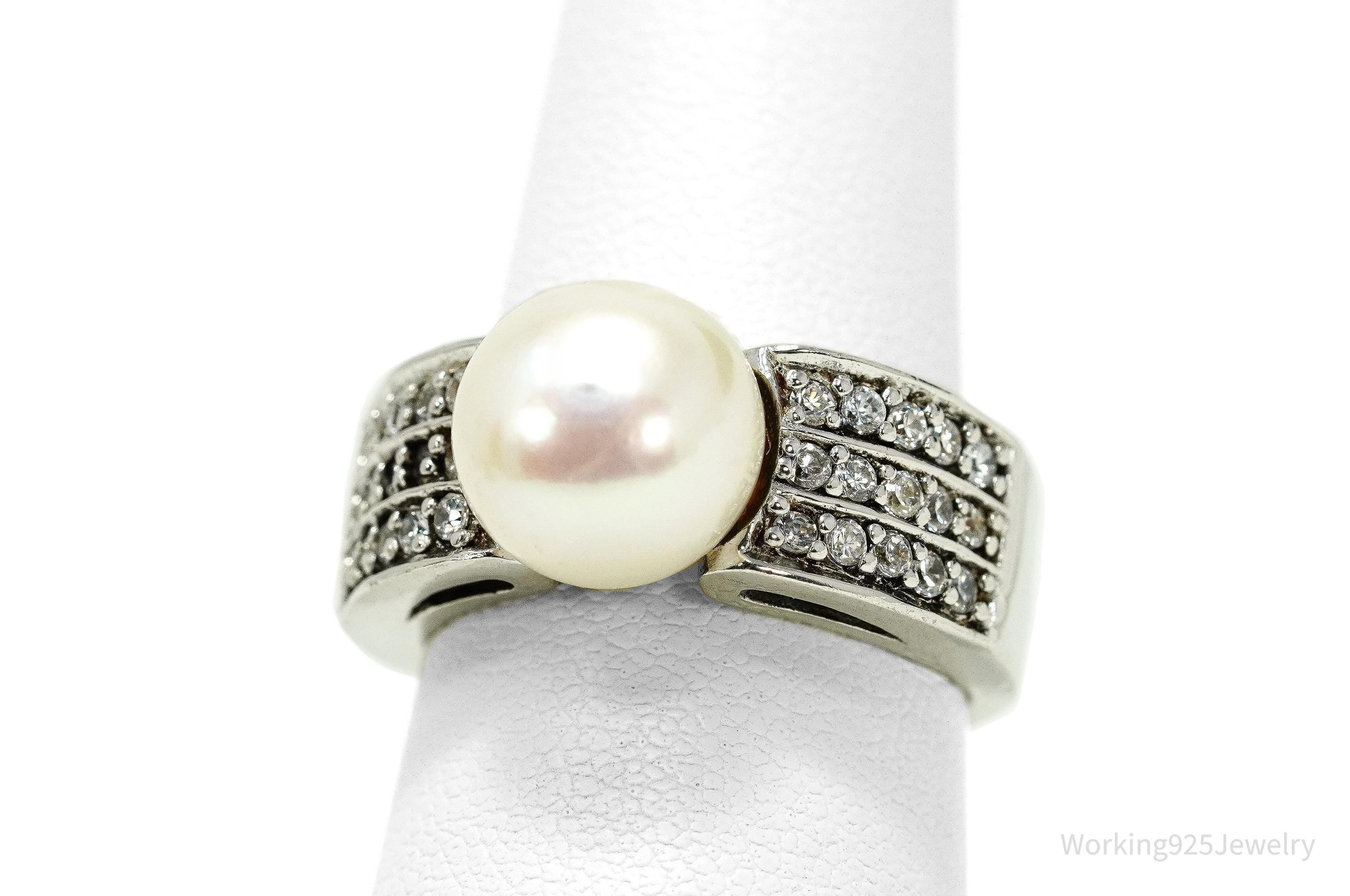 Vintage Pearl & Cubic Zirconia Sterling Silver Ring - Size 7.25