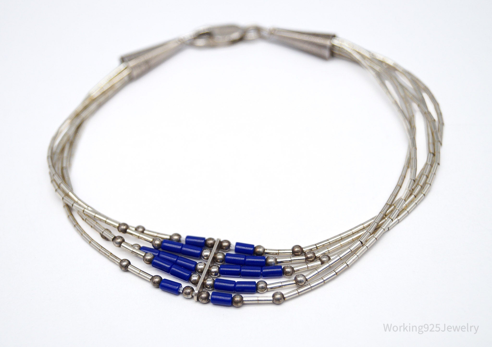 Vintage Handmade Native American Lapis Lazuli Sterling Silver Bead Bracelet
