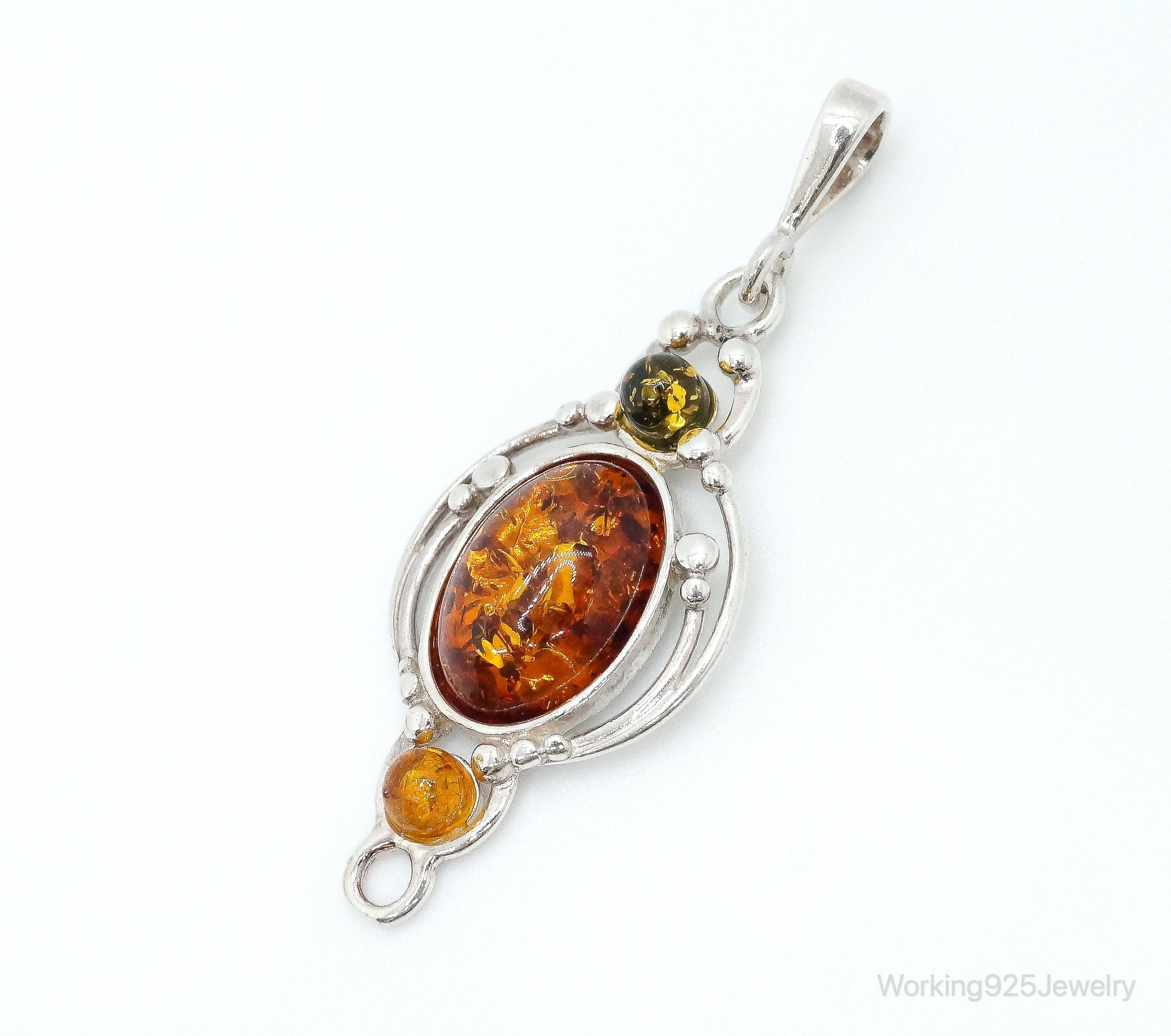 Vintage Multi Type Amber Sterling Silver Necklace Pendant