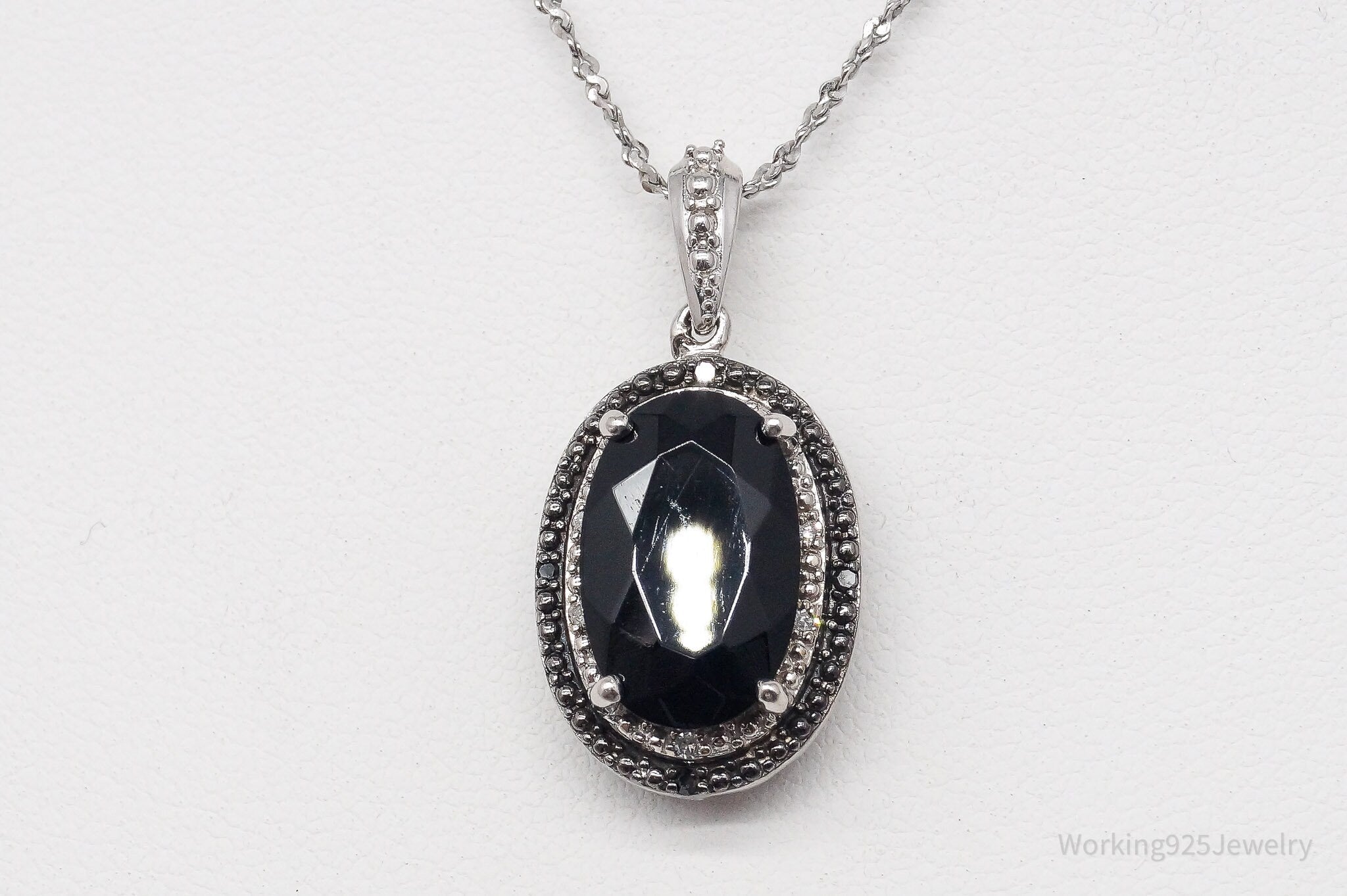 Vintage Black Tourmaline Black & White Diamond Sterling Silver Necklace 18"