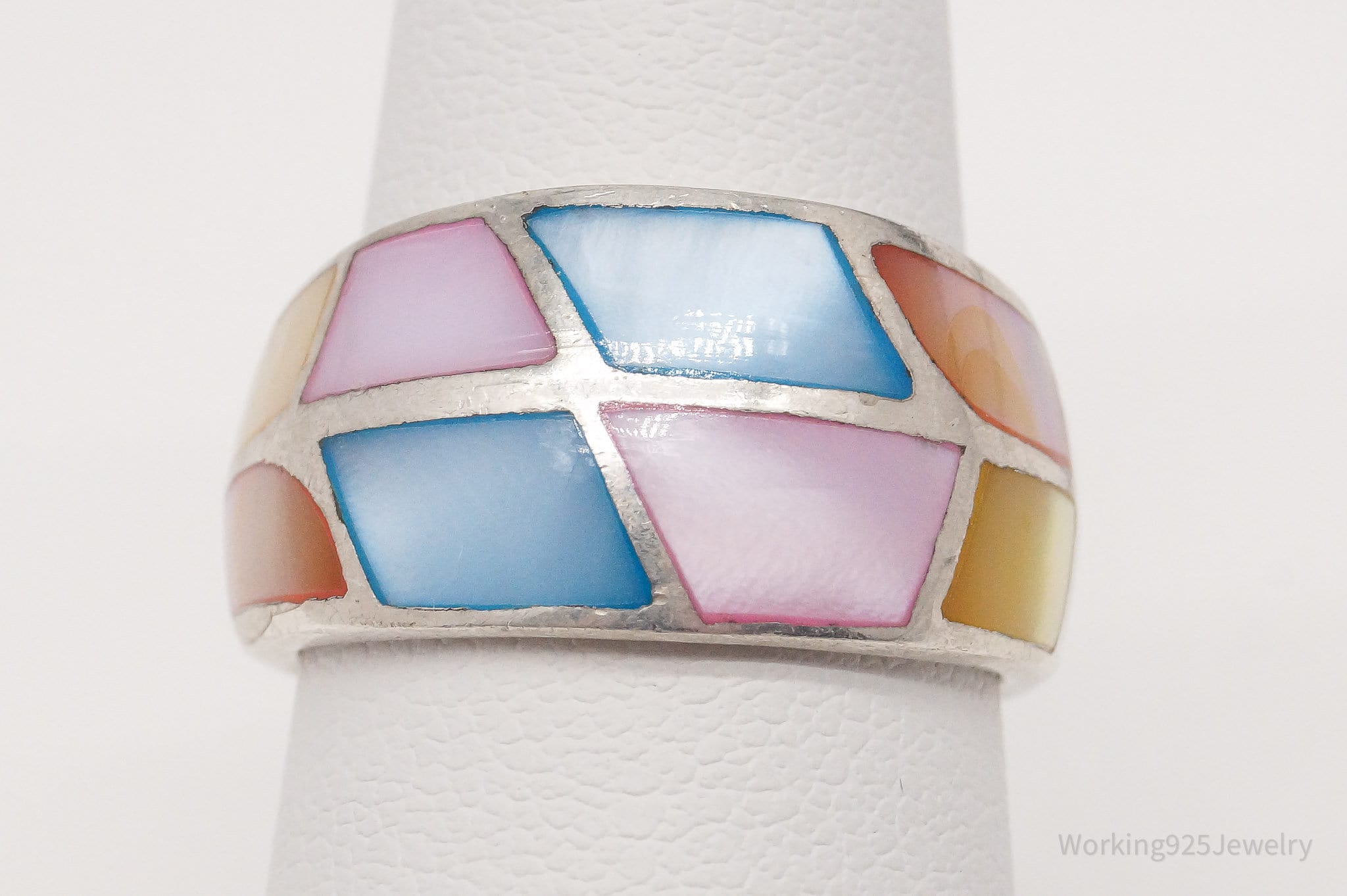Vintage Multi Color Mother Of Pearl Inlay Sterling Silver Ring - Size 5.5