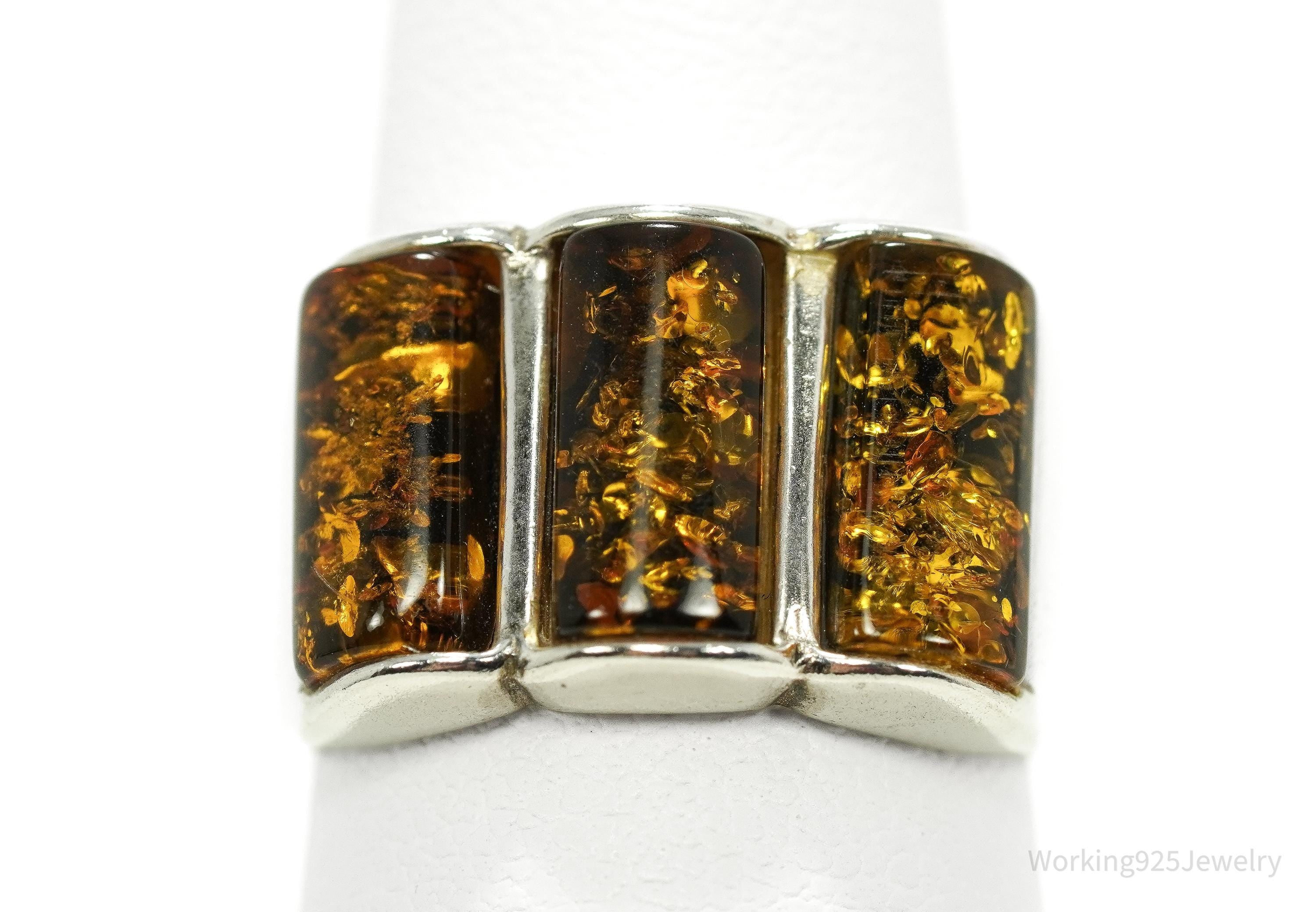 Vintage Amber Modernist Style Sterling Silver Ring - Size 6