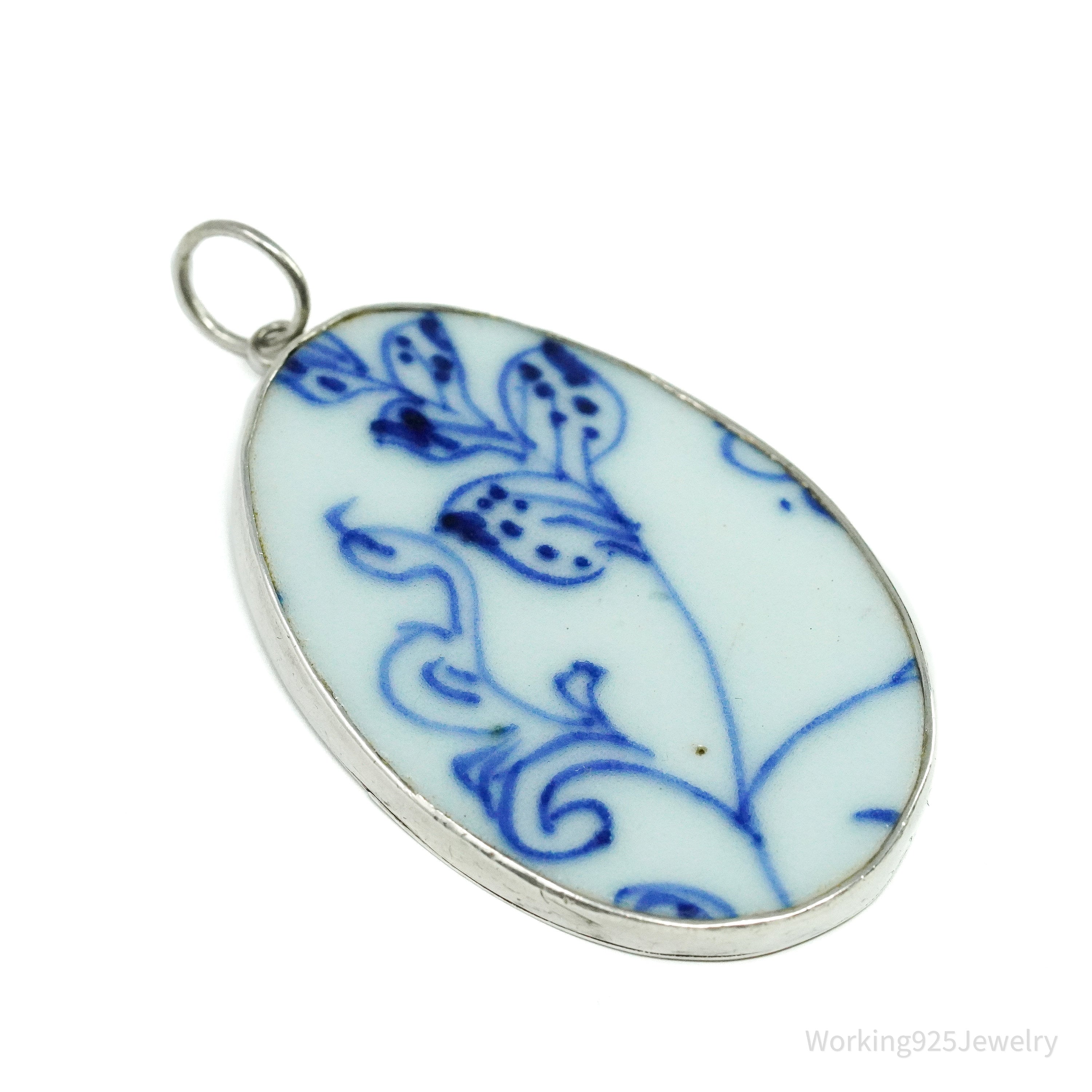 Vintage White Blue Ming Porcelain Sterling Silver Pendant