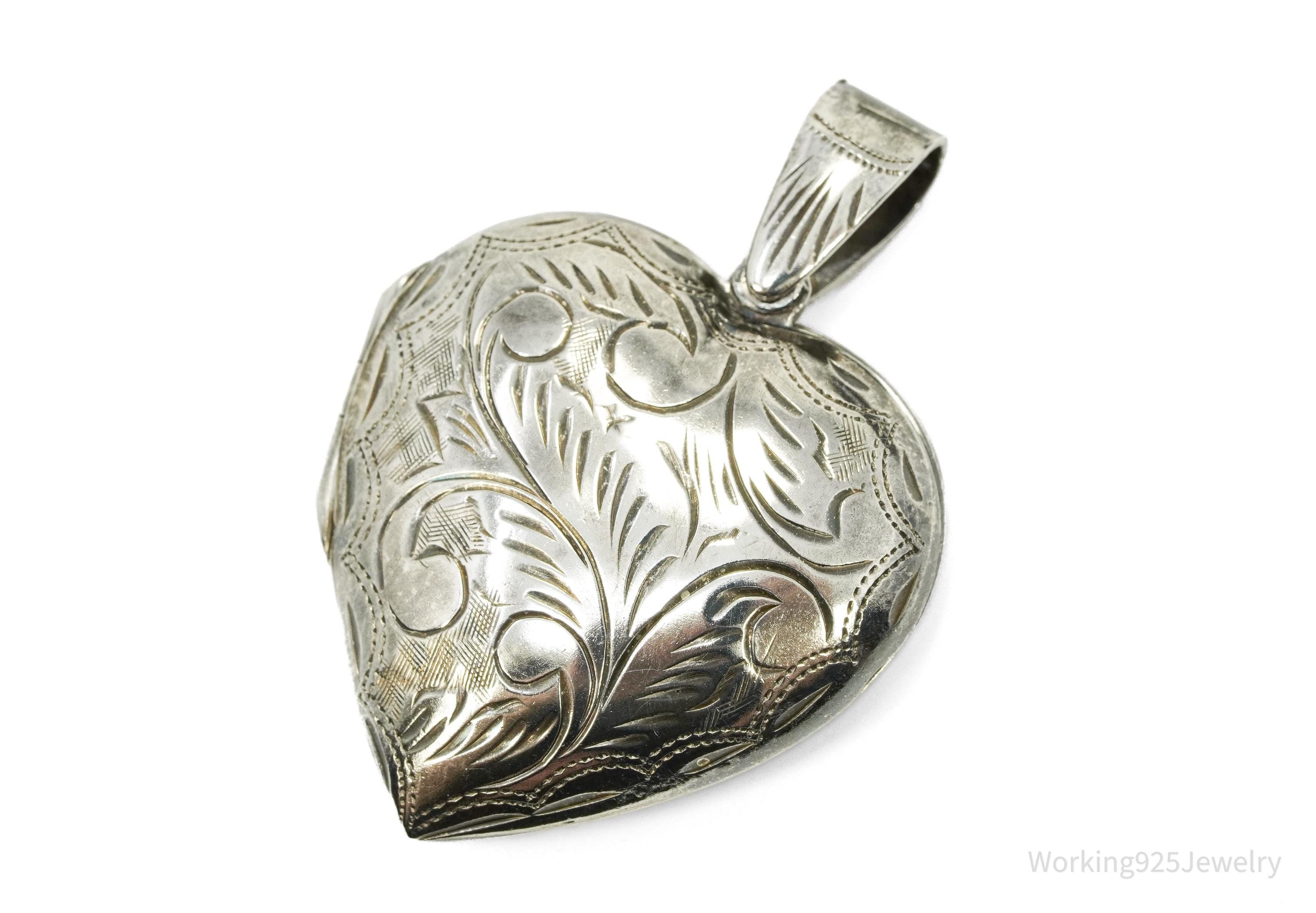 Vintage Etched Floral Heart Picture Locket Sterling Silver Pendant