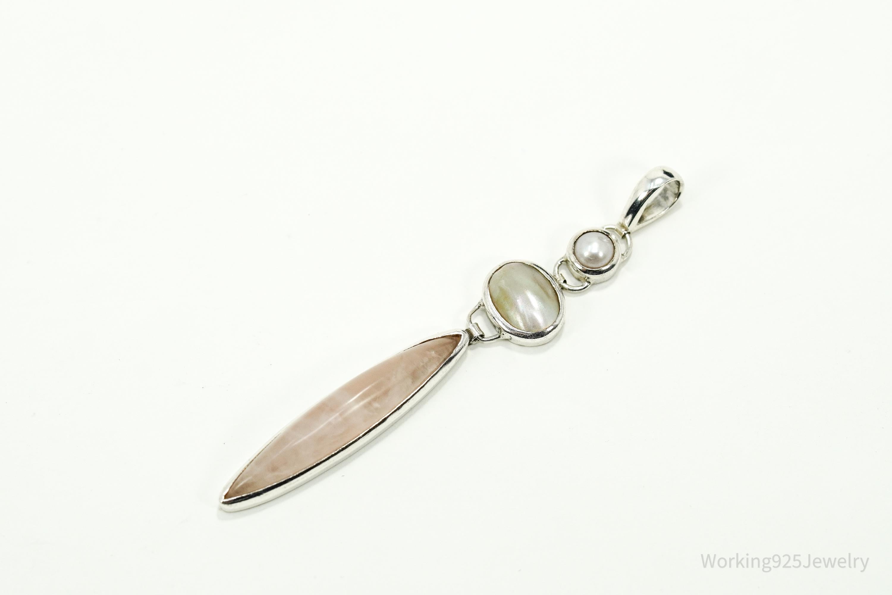 Vintage Rose Quartz Mother Of Pearl & Pearl Sterling Silver Pendant